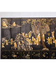 Black and Gold Lacquered Eight-Panel Screen with Monks and Children Scene