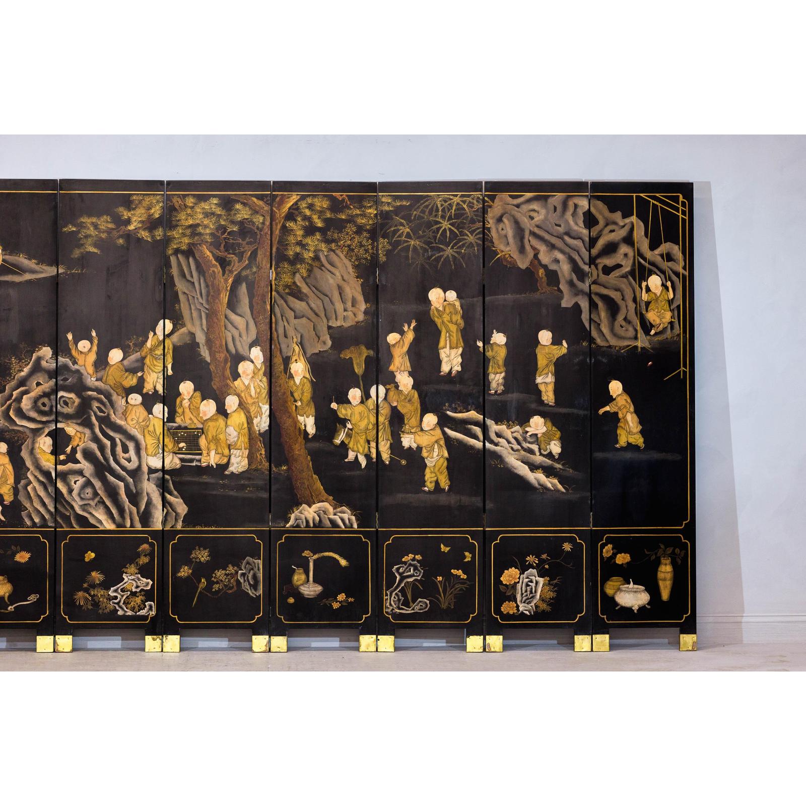 Black and Gold Lacquered Eight-Panel Screen with Monks and Children Scene