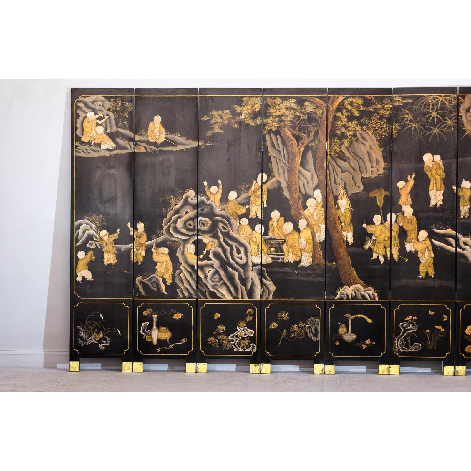 Black and Gold Lacquered Eight-Panel Screen with Monks and Children Scene