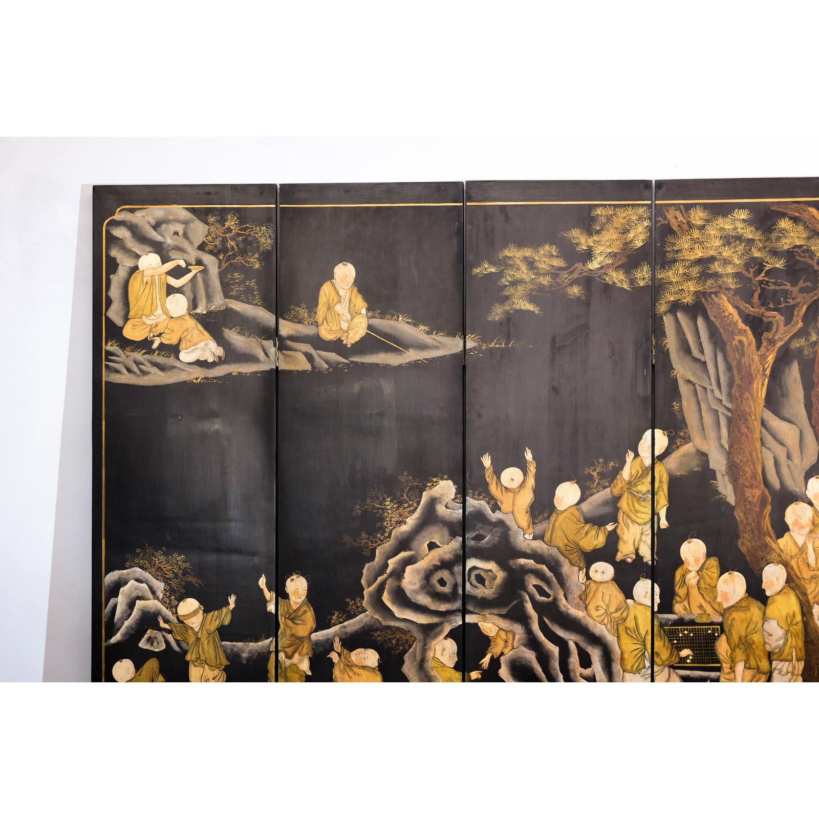 Black and Gold Lacquered Eight-Panel Screen with Monks and Children Scene