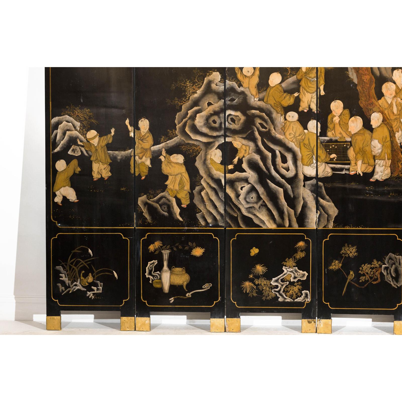Black and Gold Lacquered Eight-Panel Screen with Monks and Children Scene