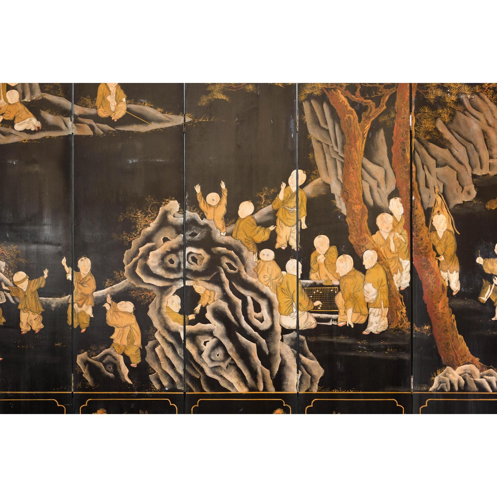 Black and Gold Lacquered Eight-Panel Screen with Monks and Children Scene