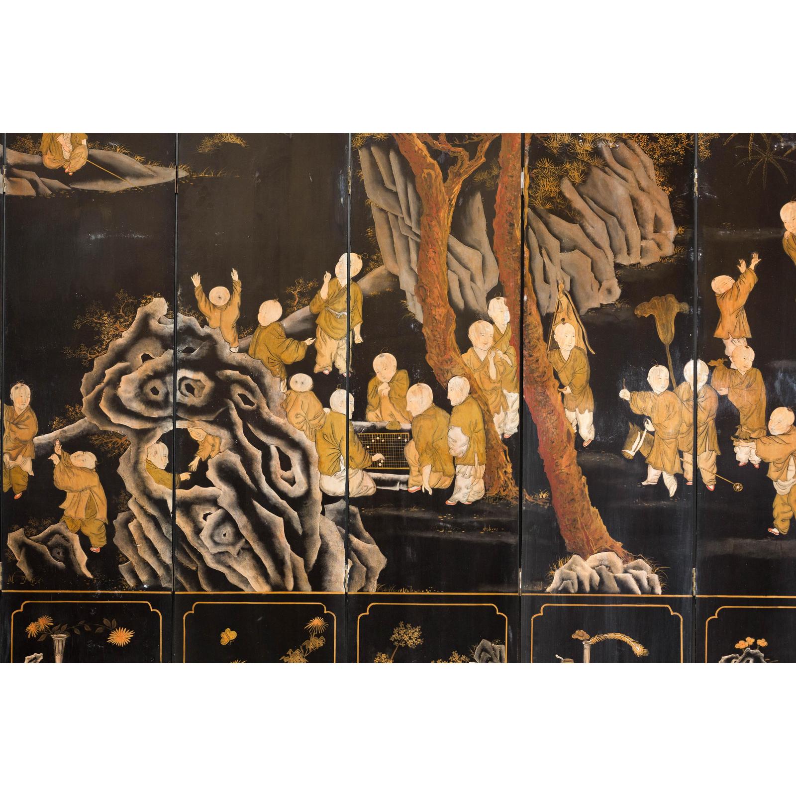 Black and Gold Lacquered Eight-Panel Screen with Monks and Children Scene
