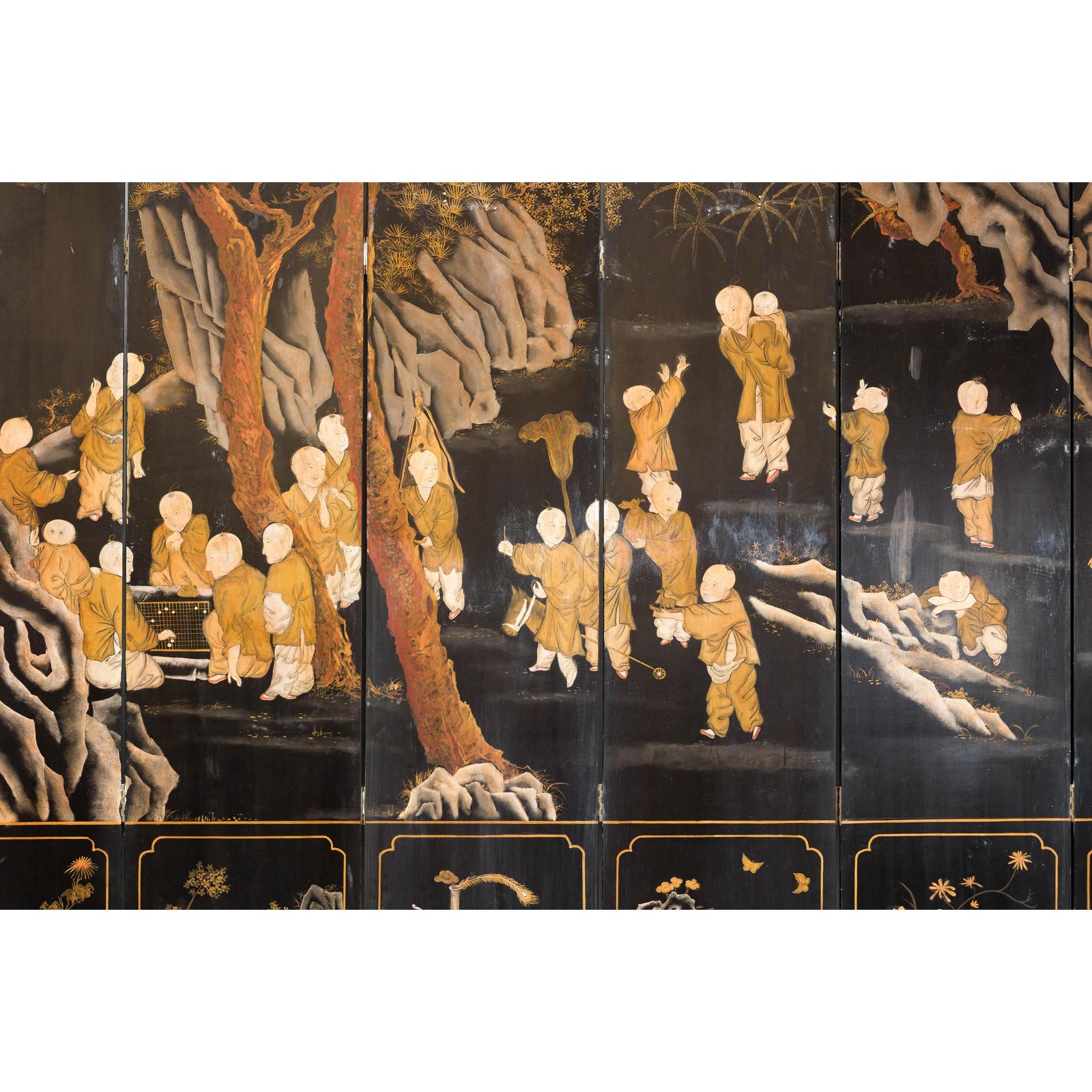 Black and Gold Lacquered Eight-Panel Screen with Monks and Children Scene