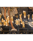 Black and Gold Lacquered Eight-Panel Screen with Monks and Children Scene