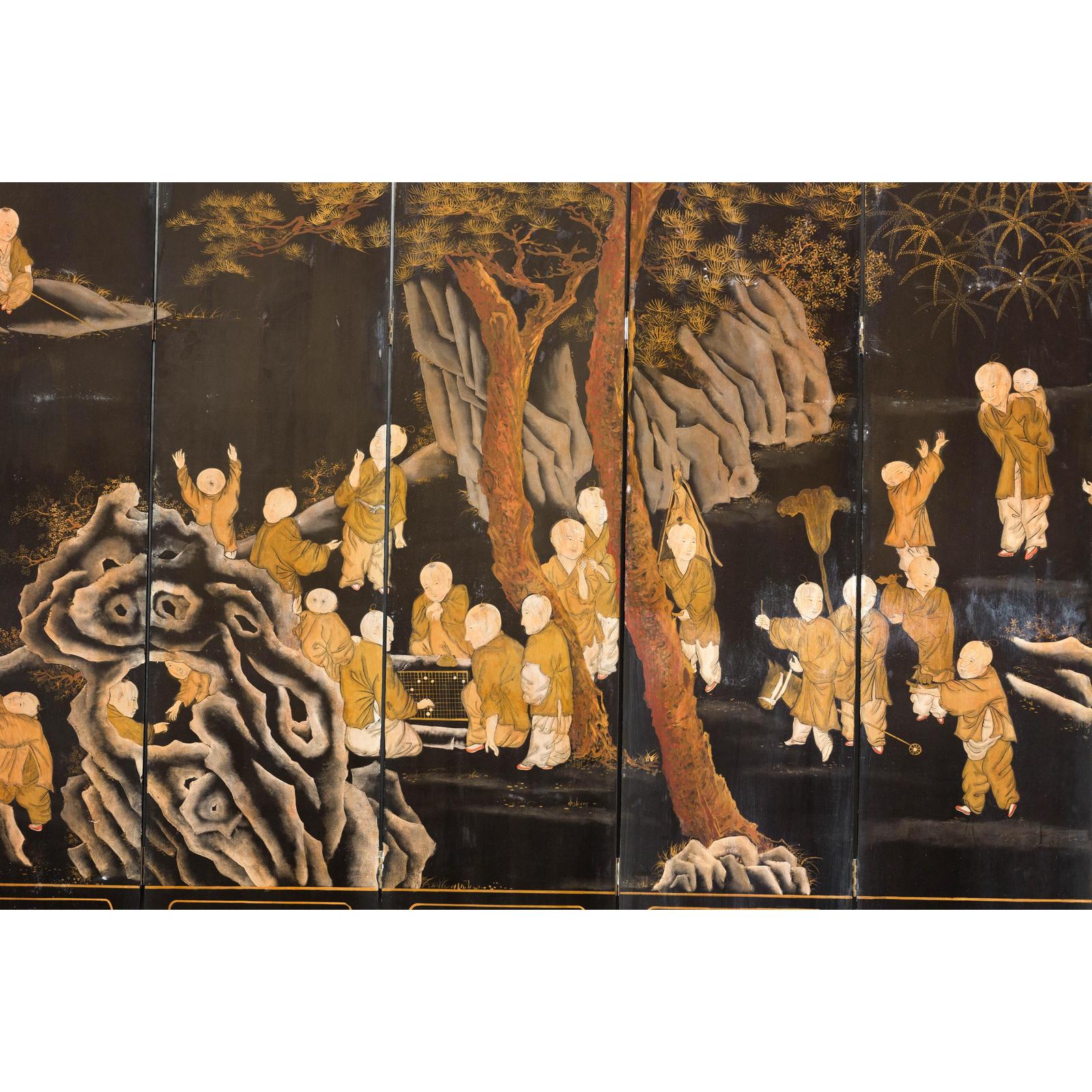 Black and Gold Lacquered Eight-Panel Screen with Monks and Children Scene