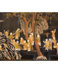 Black and Gold Lacquered Eight-Panel Screen with Monks and Children Scene