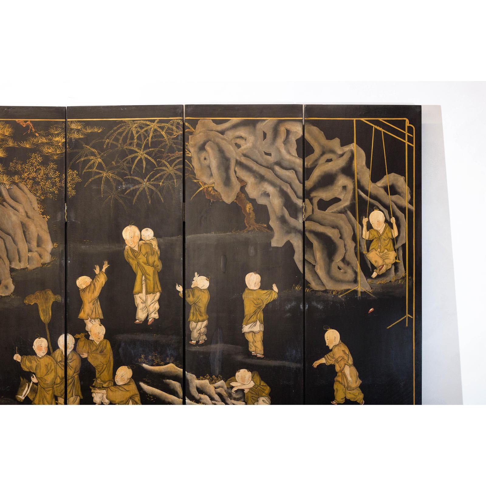 Black and Gold Lacquered Eight-Panel Screen with Monks and Children Scene