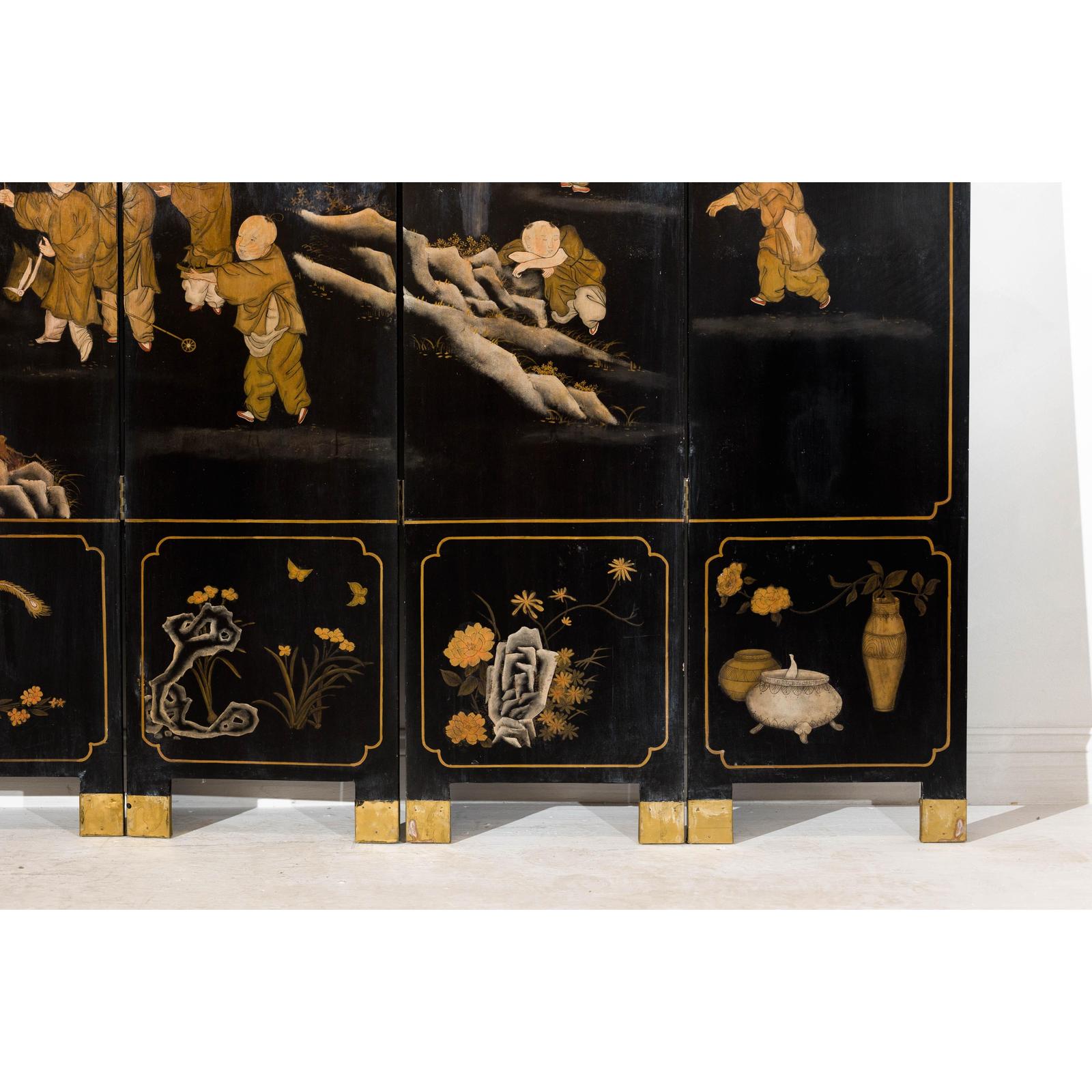 Black and Gold Lacquered Eight-Panel Screen with Monks and Children Scene
