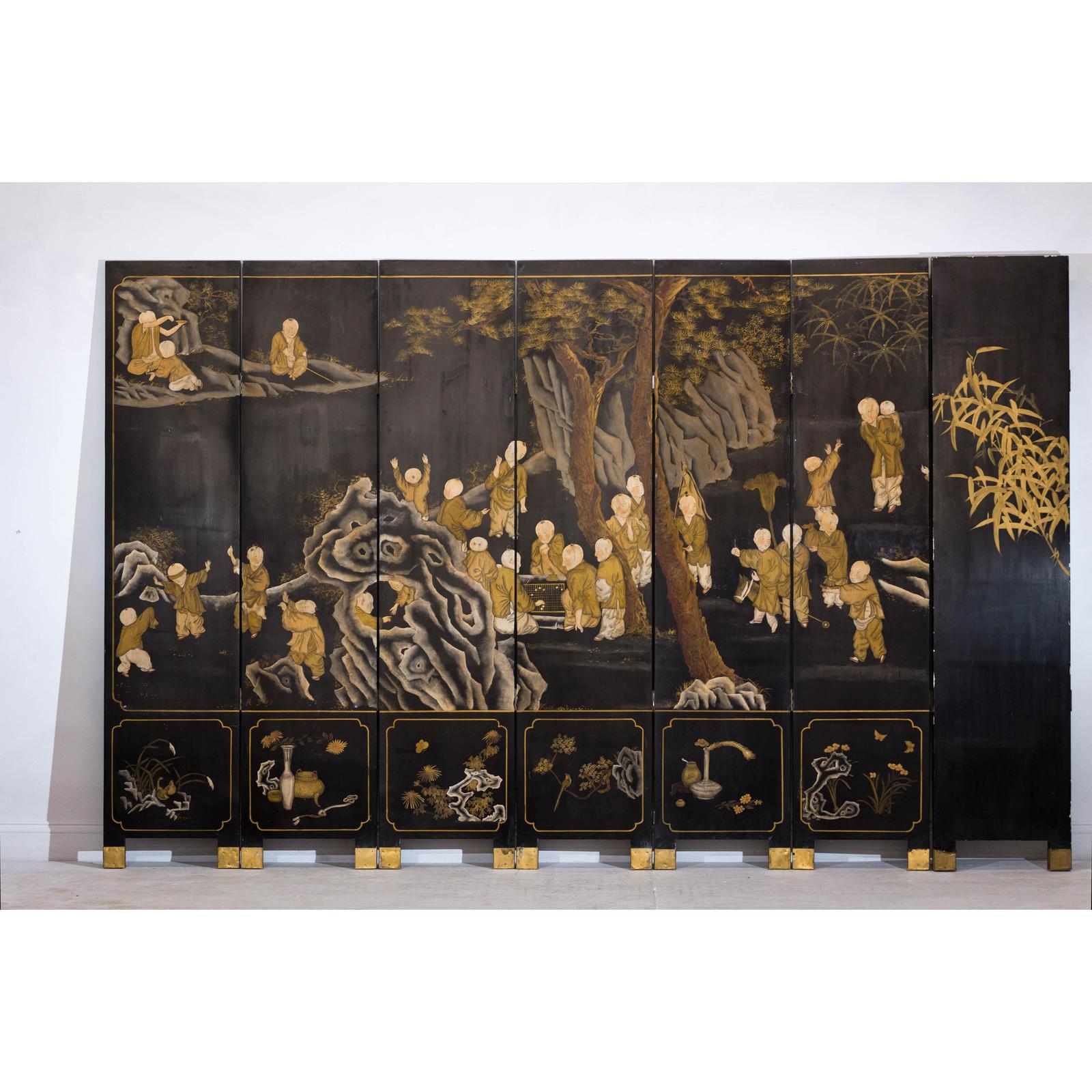 Black and Gold Lacquered Eight-Panel Screen with Monks and Children Scene