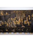 Black and Gold Lacquered Eight-Panel Screen with Monks and Children Scene