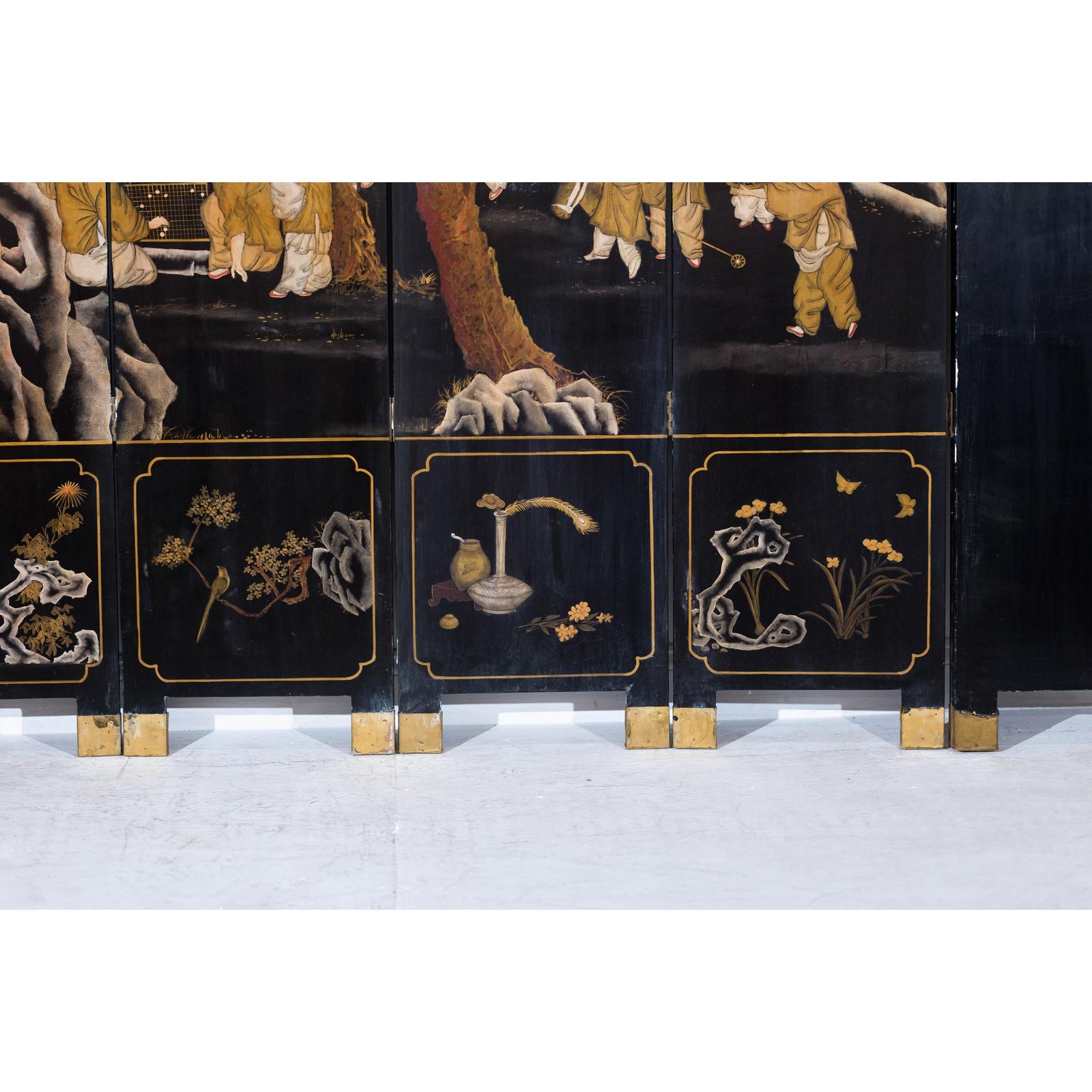 Black and Gold Lacquered Eight-Panel Screen with Monks and Children Scene