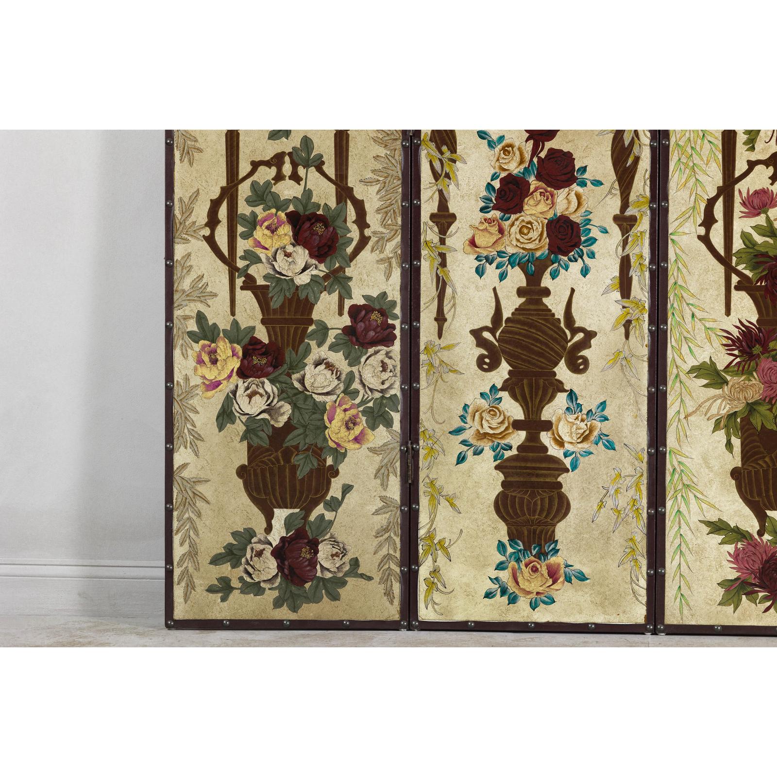 Vintage Chinoiserie Hand-Painted Floral Four-Panel Folding Screen Divider