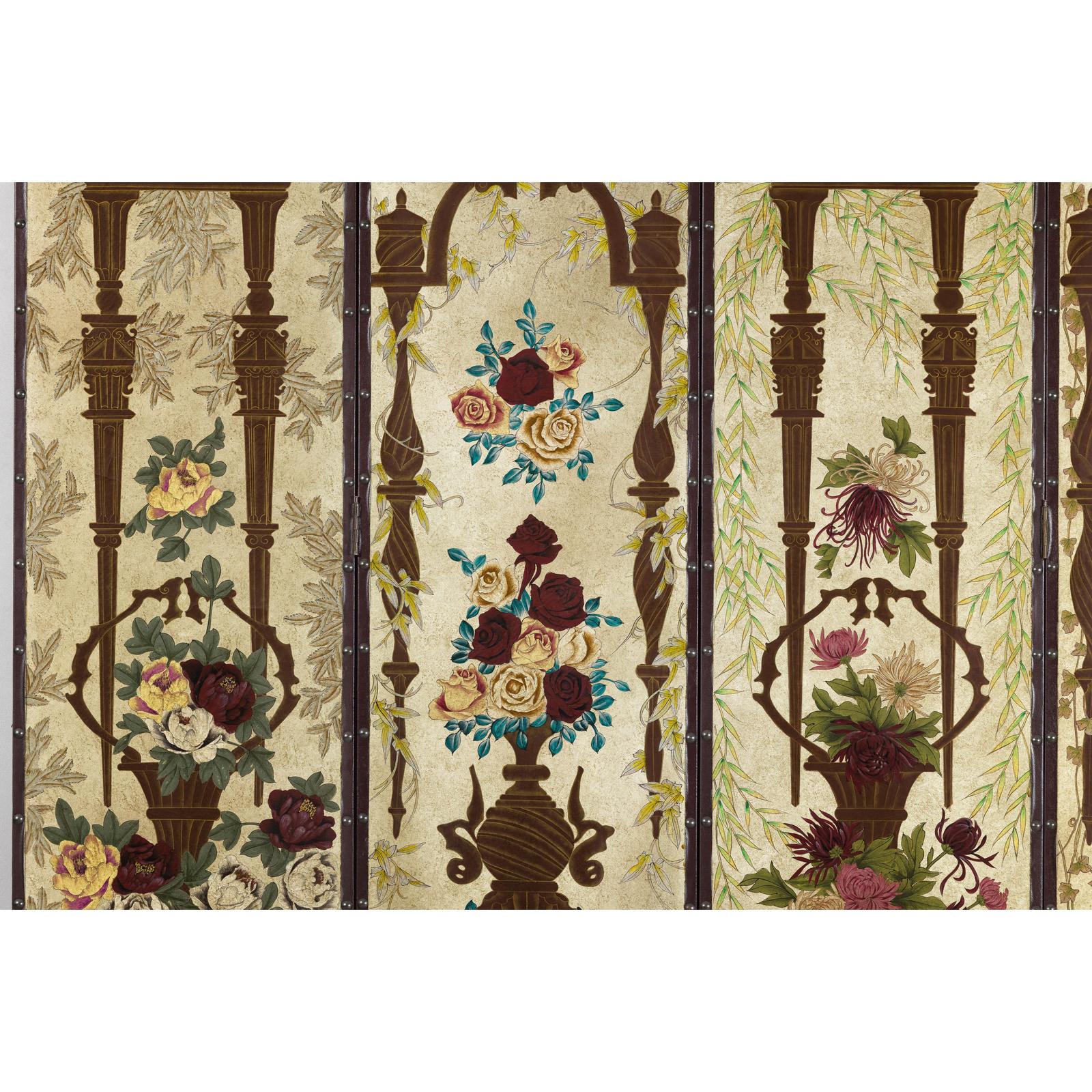 Vintage Chinoiserie Hand-Painted Floral Four-Panel Folding Screen Divider
