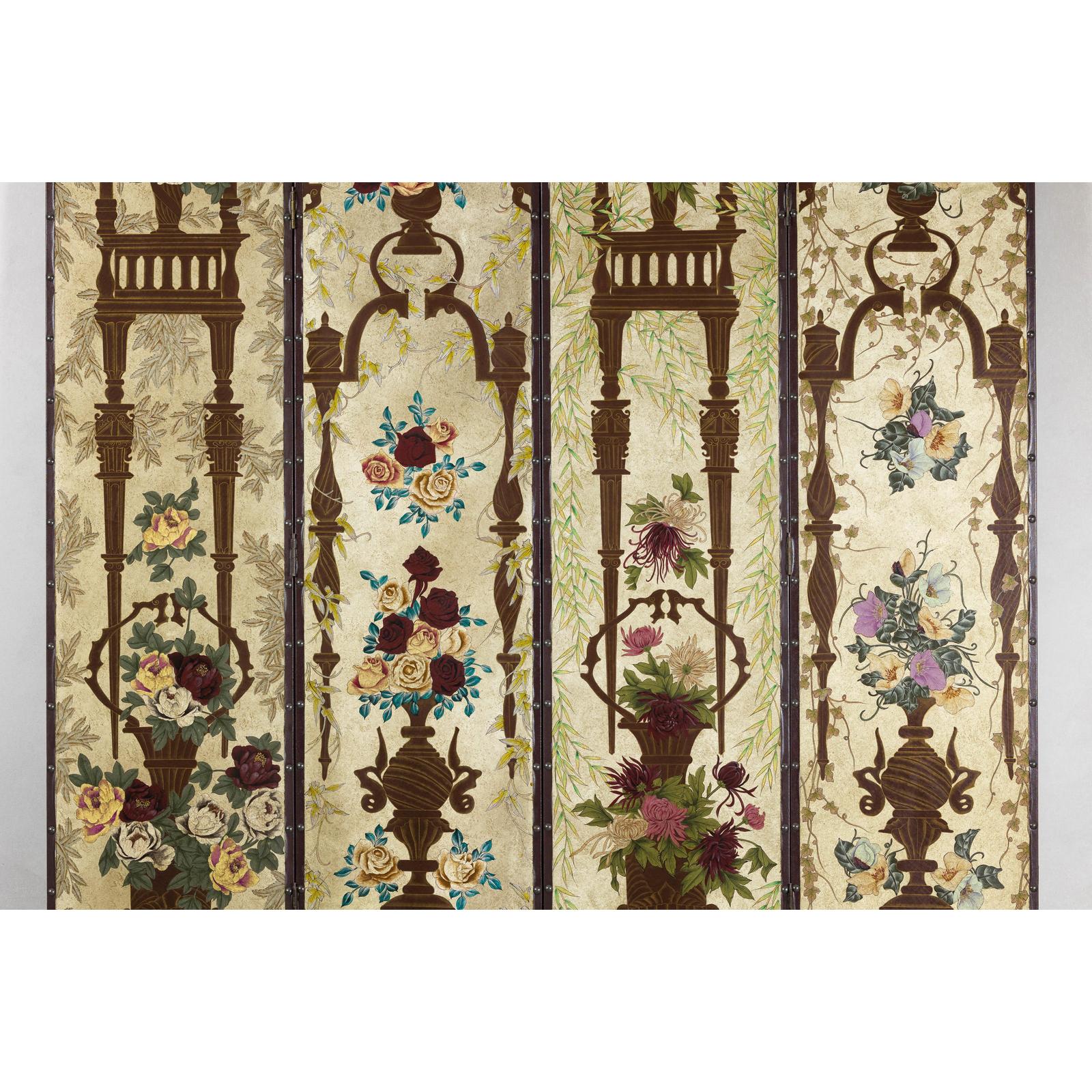 Vintage Chinoiserie Hand-Painted Floral Four-Panel Folding Screen Divider