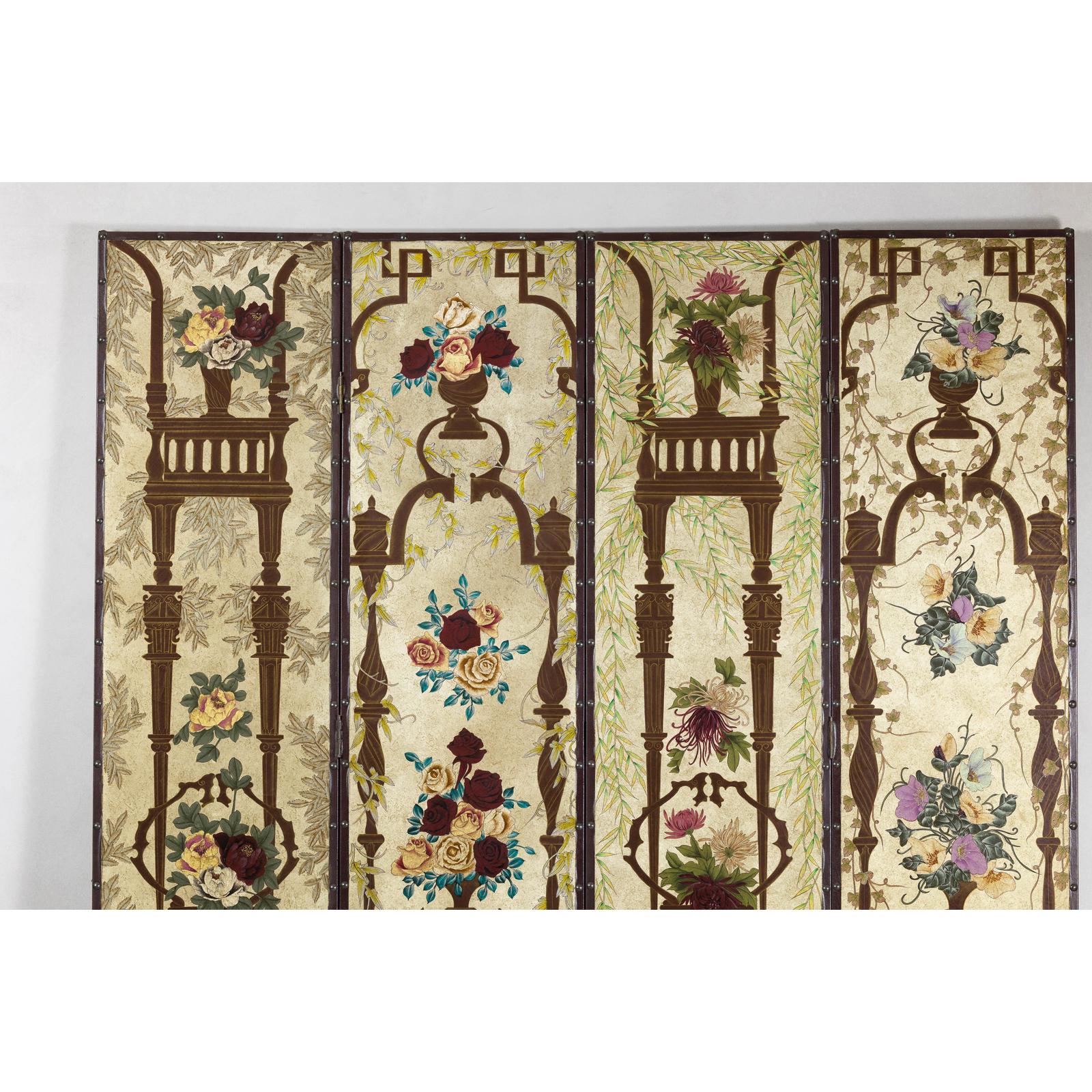 Vintage Chinoiserie Hand-Painted Floral Four-Panel Folding Screen Divider