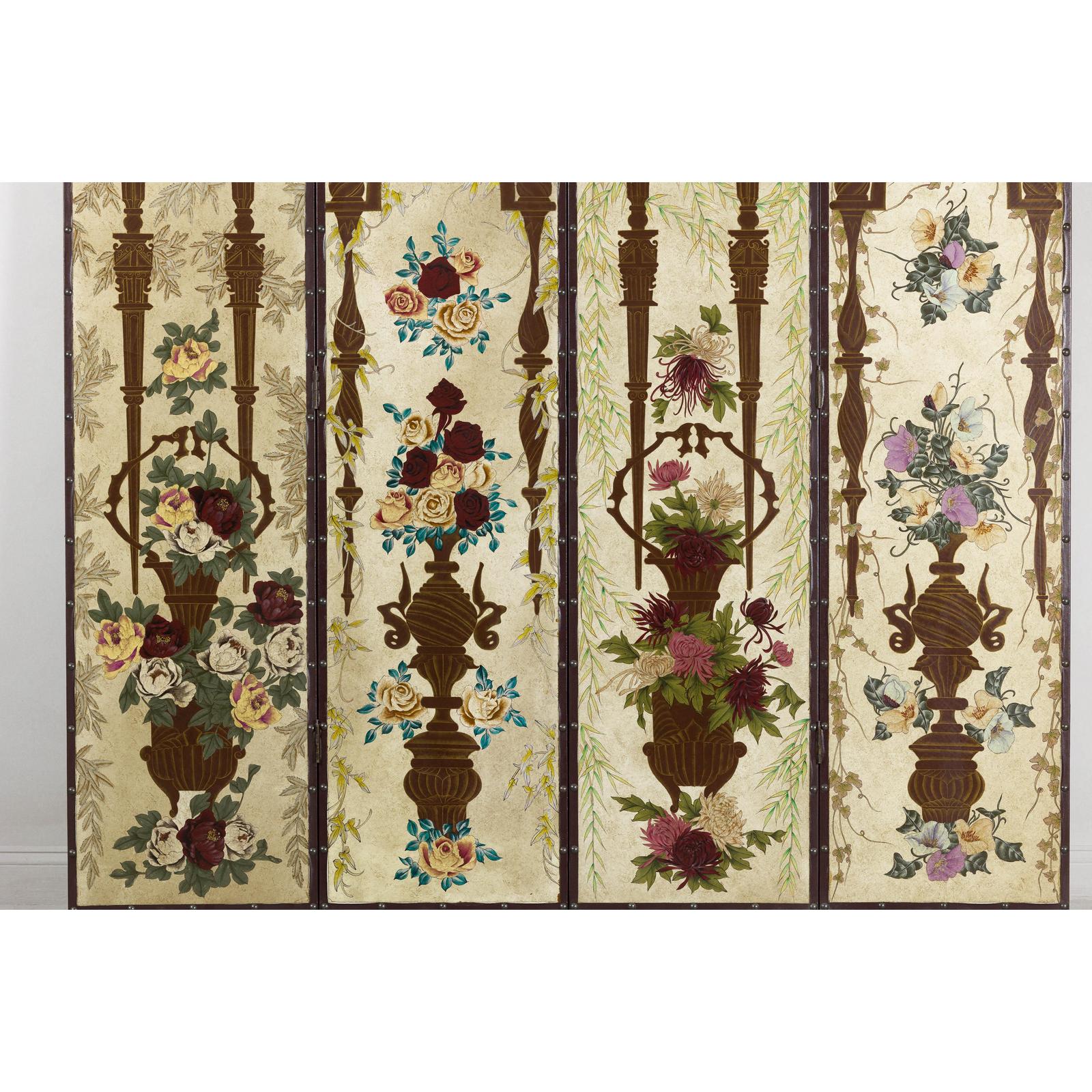 Vintage Chinoiserie Hand-Painted Floral Four-Panel Folding Screen Divider