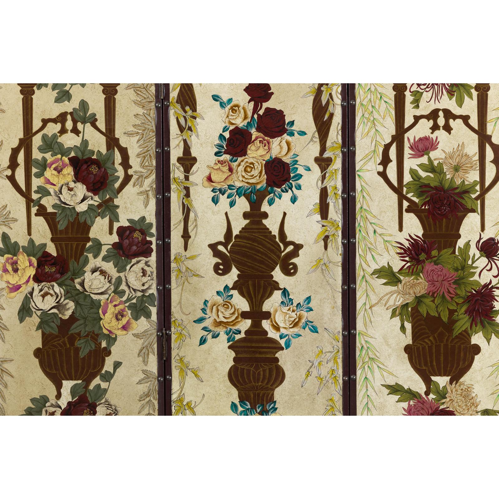 Vintage Chinoiserie Hand-Painted Floral Four-Panel Folding Screen Divider