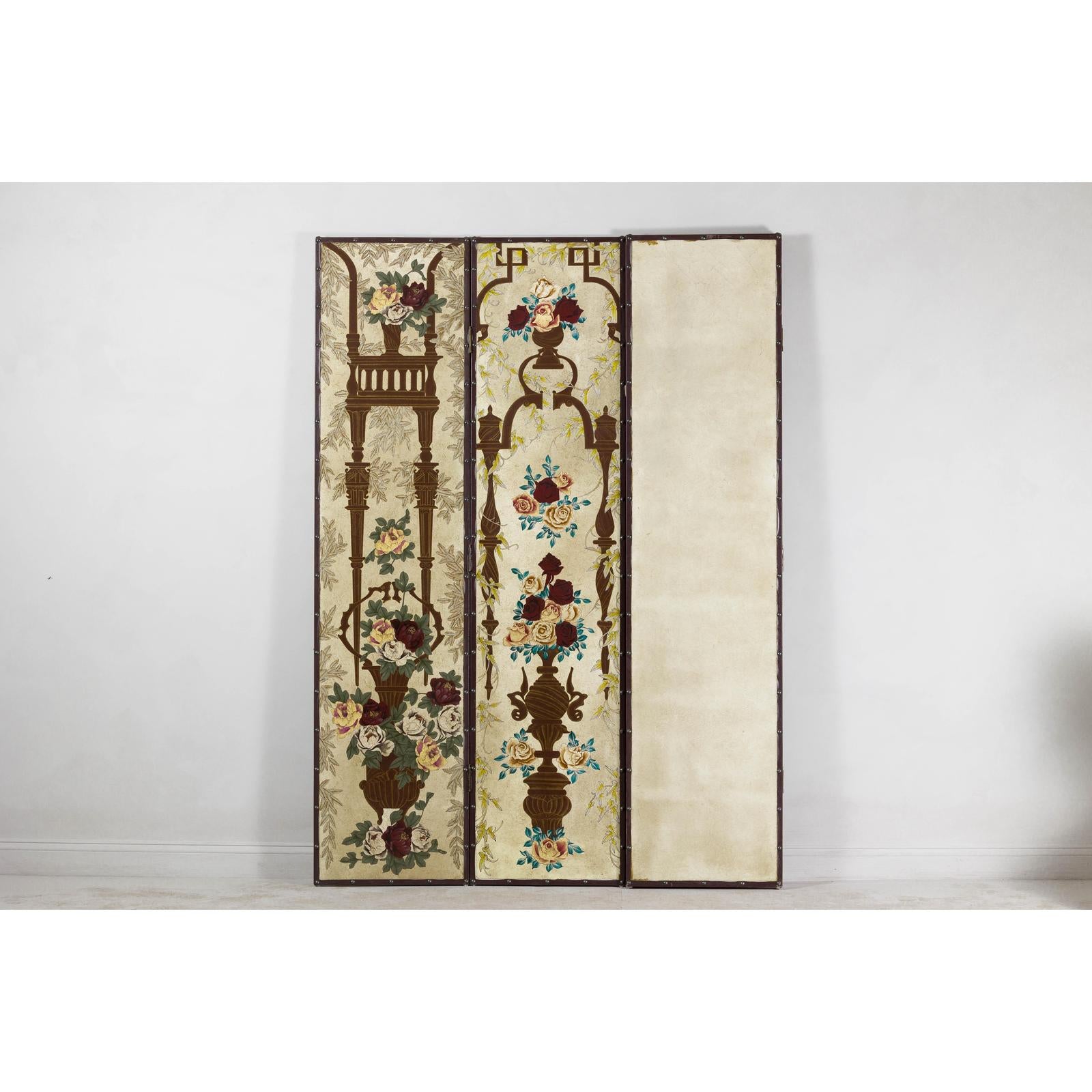 Vintage Chinoiserie Hand-Painted Floral Four-Panel Folding Screen Divider