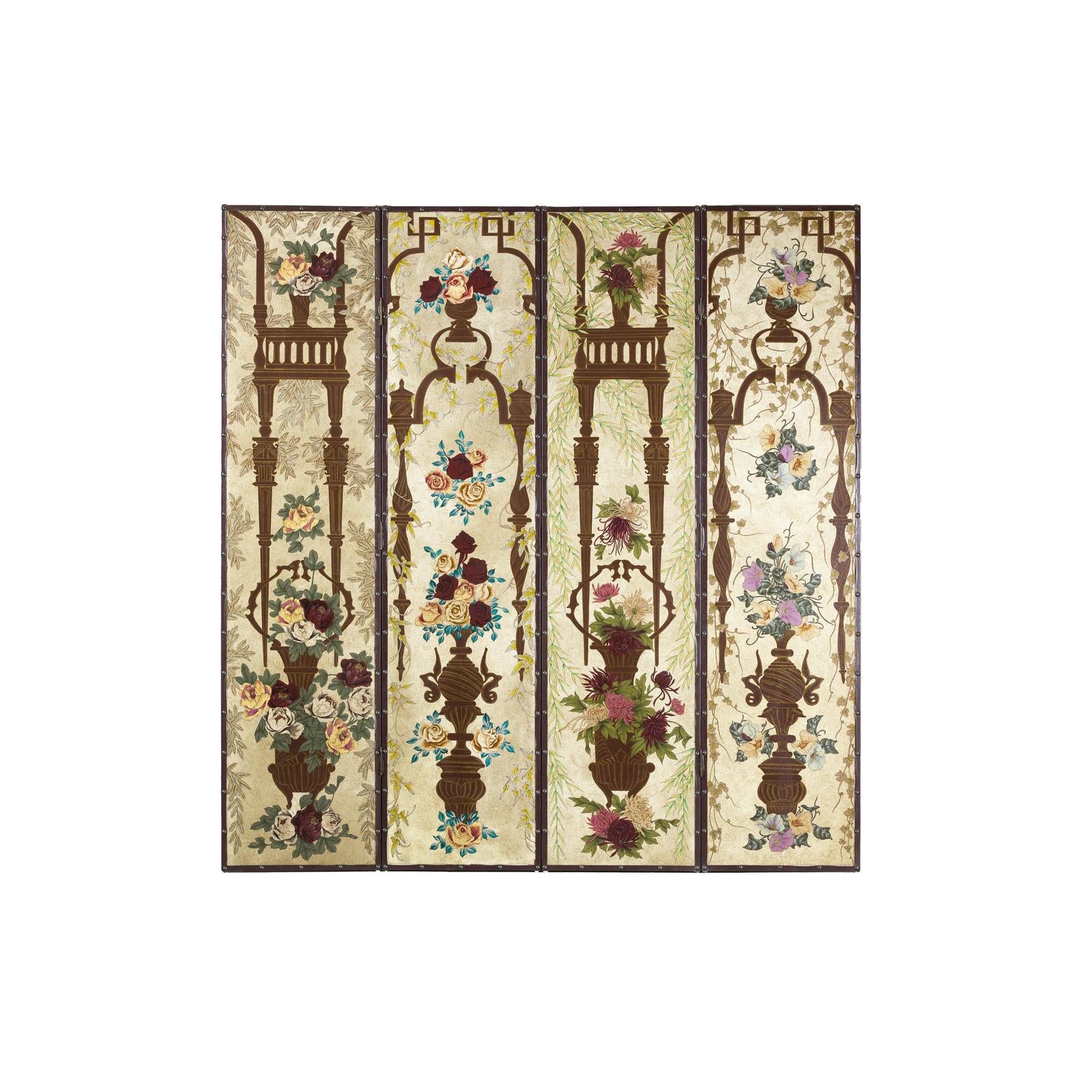 Vintage Chinoiserie Hand-Painted Floral Four-Panel Folding Screen Divider