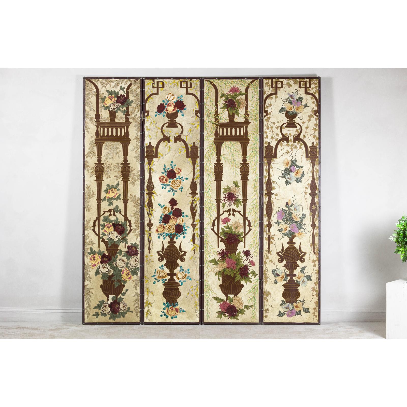 Vintage Chinoiserie Hand-Painted Floral Four-Panel Folding Screen Divider