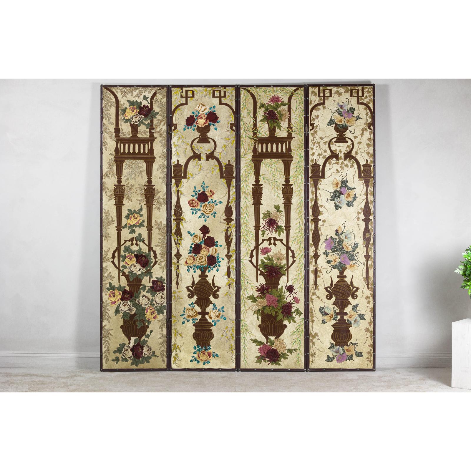 Vintage Chinoiserie Hand-Painted Floral Four-Panel Folding Screen Divider