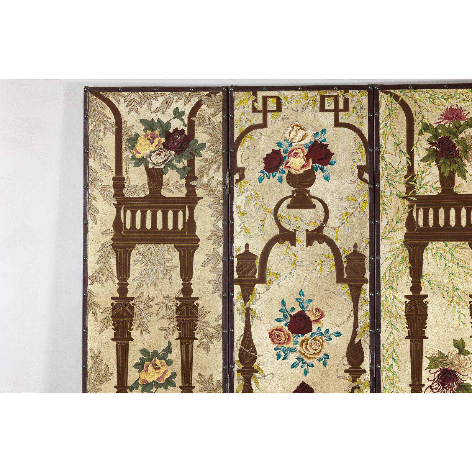 Vintage Chinoiserie Hand-Painted Floral Four-Panel Folding Screen Divider