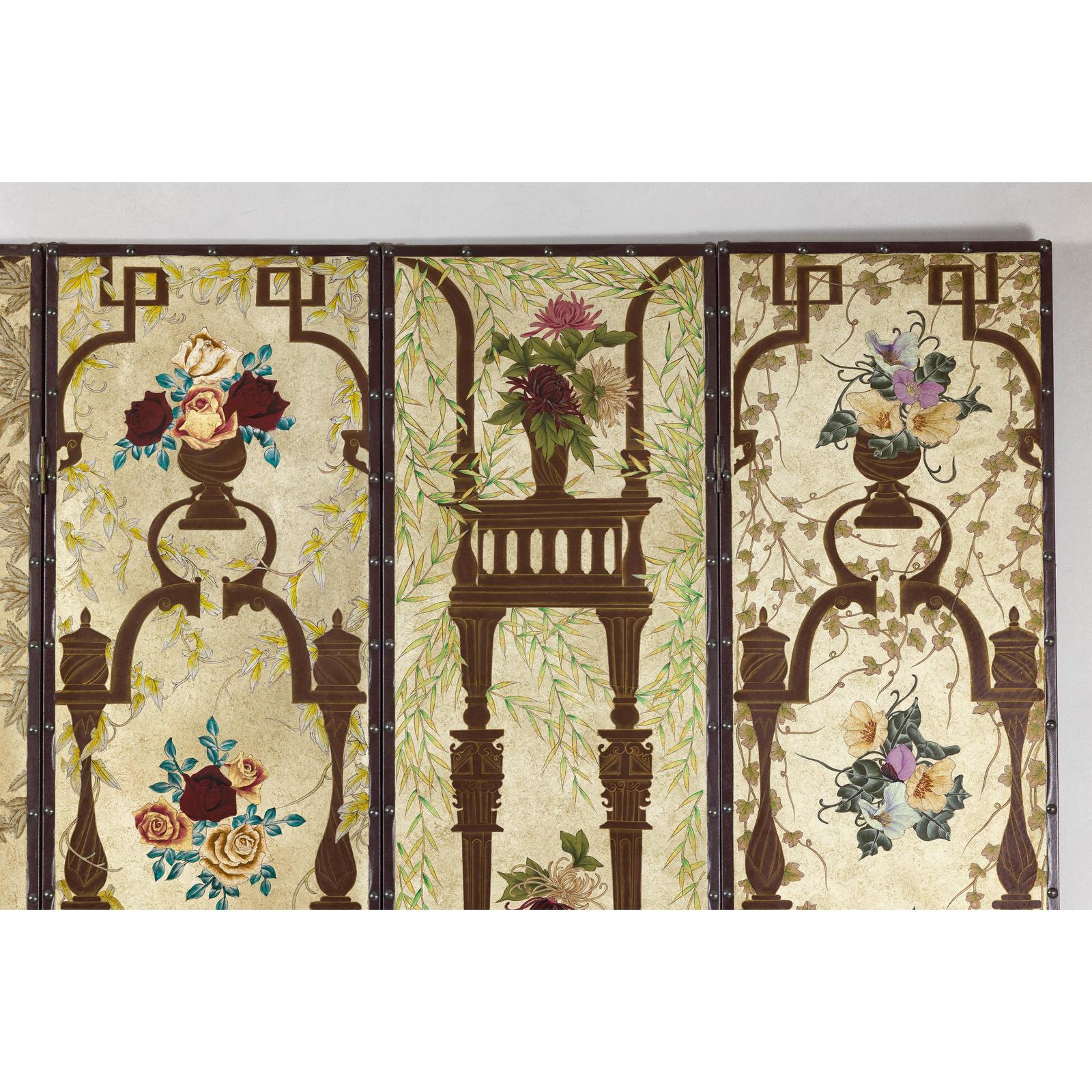 Vintage Chinoiserie Hand-Painted Floral Four-Panel Folding Screen Divider