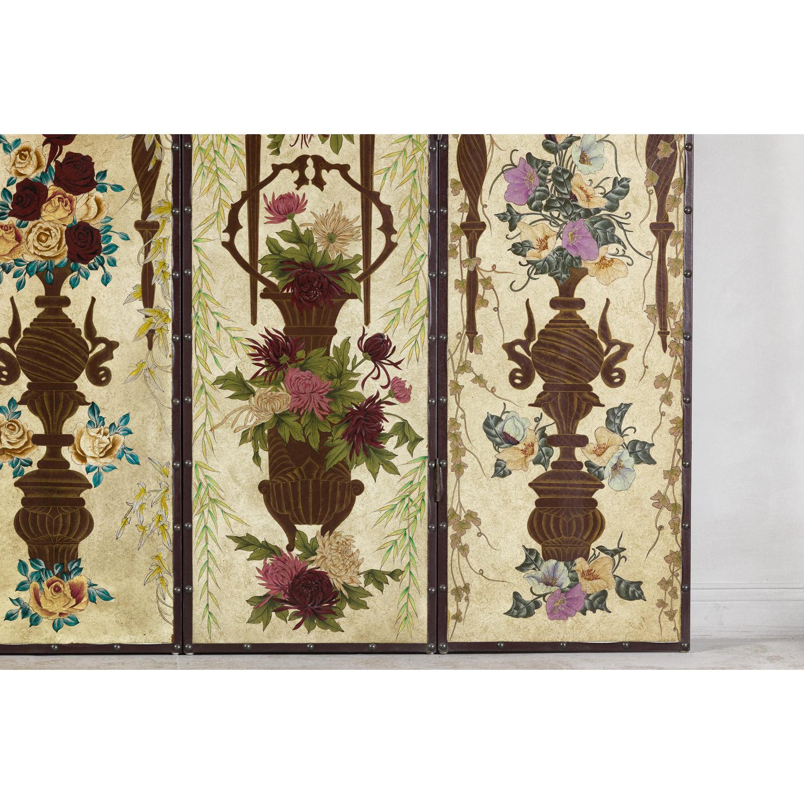 Vintage Chinoiserie Hand-Painted Floral Four-Panel Folding Screen Divider