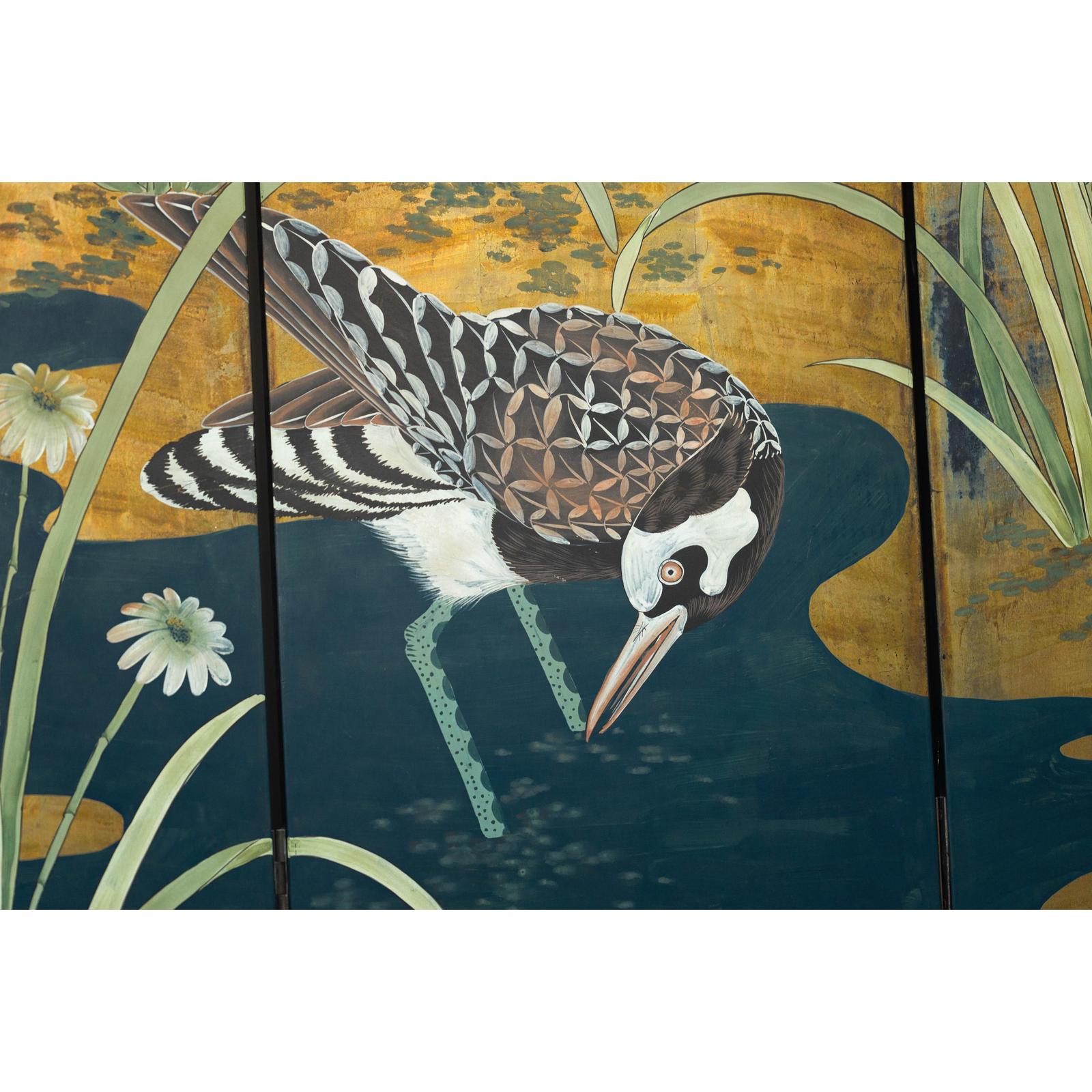 Vintage Chinoiserie Six-Panel Decorative Screen with Birds and Gilded Landscape