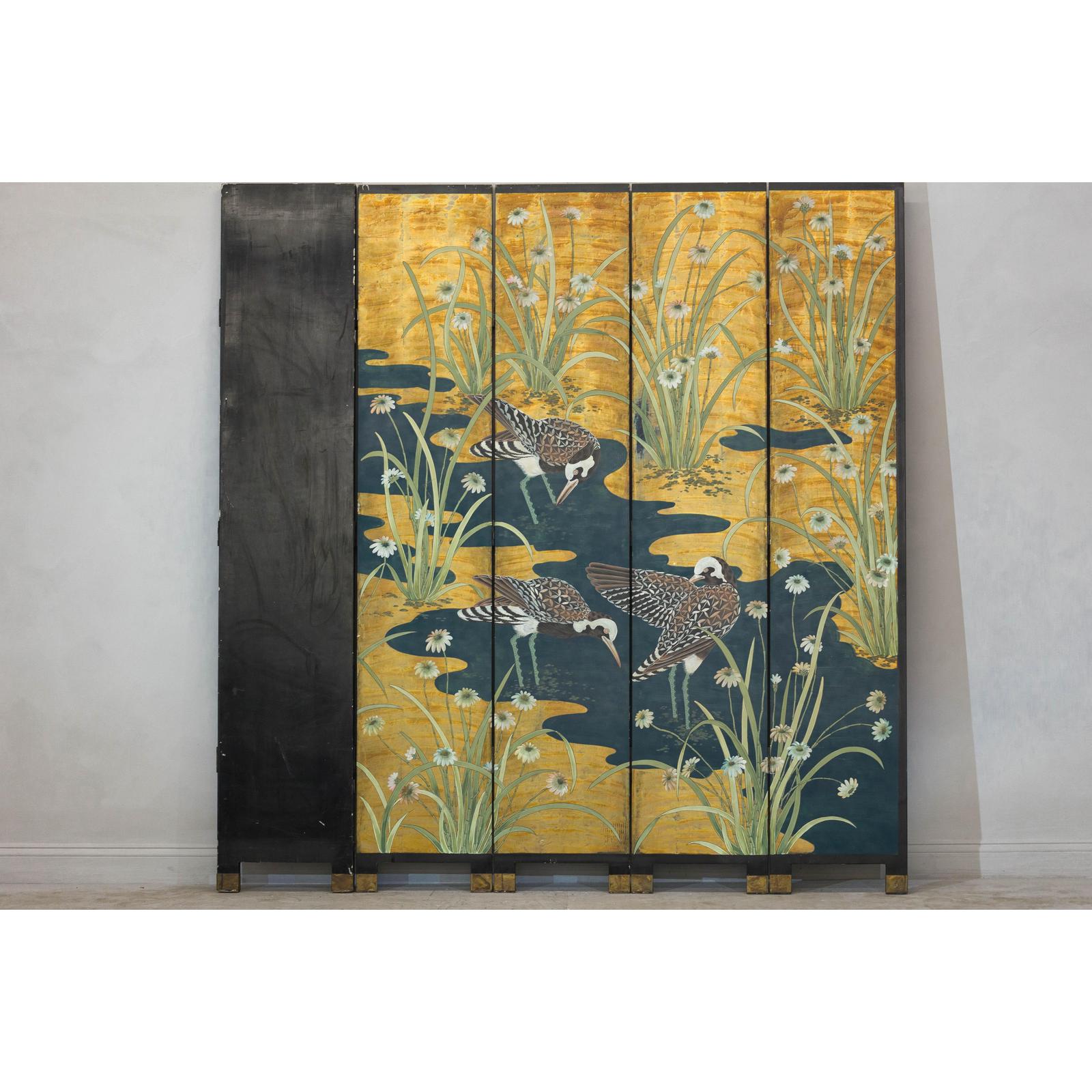 Vintage Chinoiserie Six-Panel Decorative Screen with Birds and Gilded Landscape