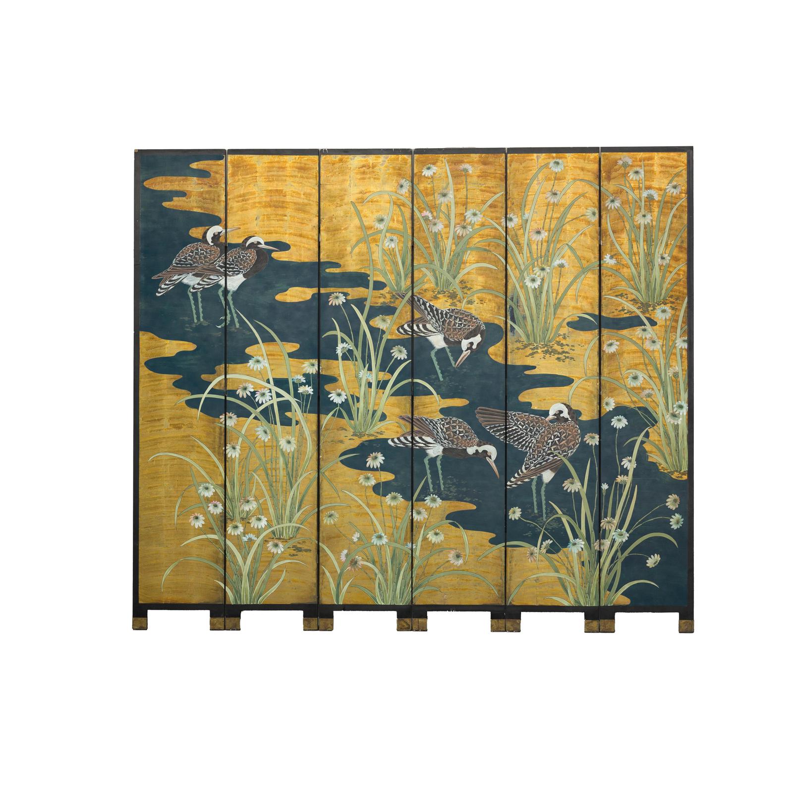 Vintage Chinoiserie Six-Panel Decorative Screen with Birds and Gilded Landscape