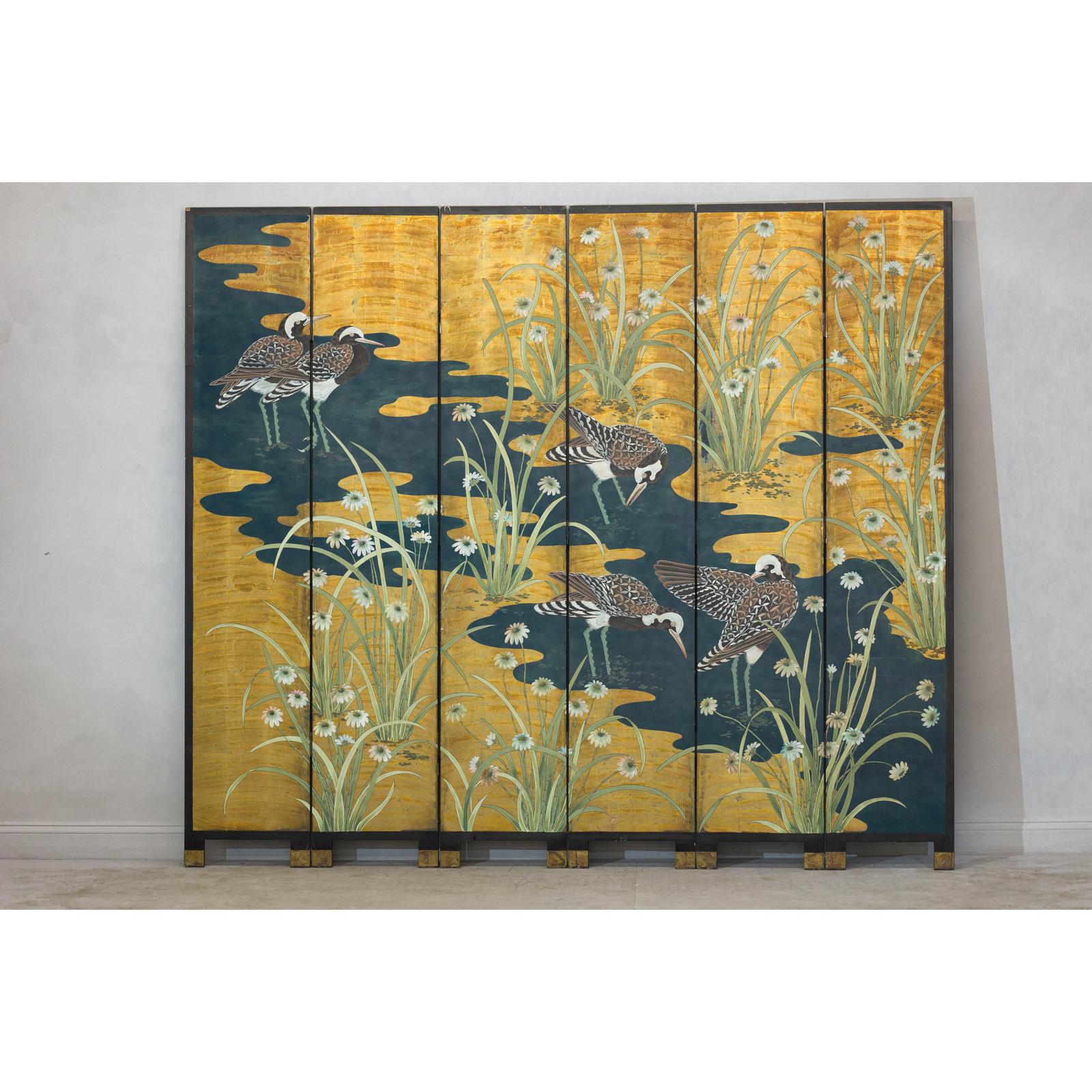 Vintage Chinoiserie Six-Panel Decorative Screen with Birds and Gilded Landscape