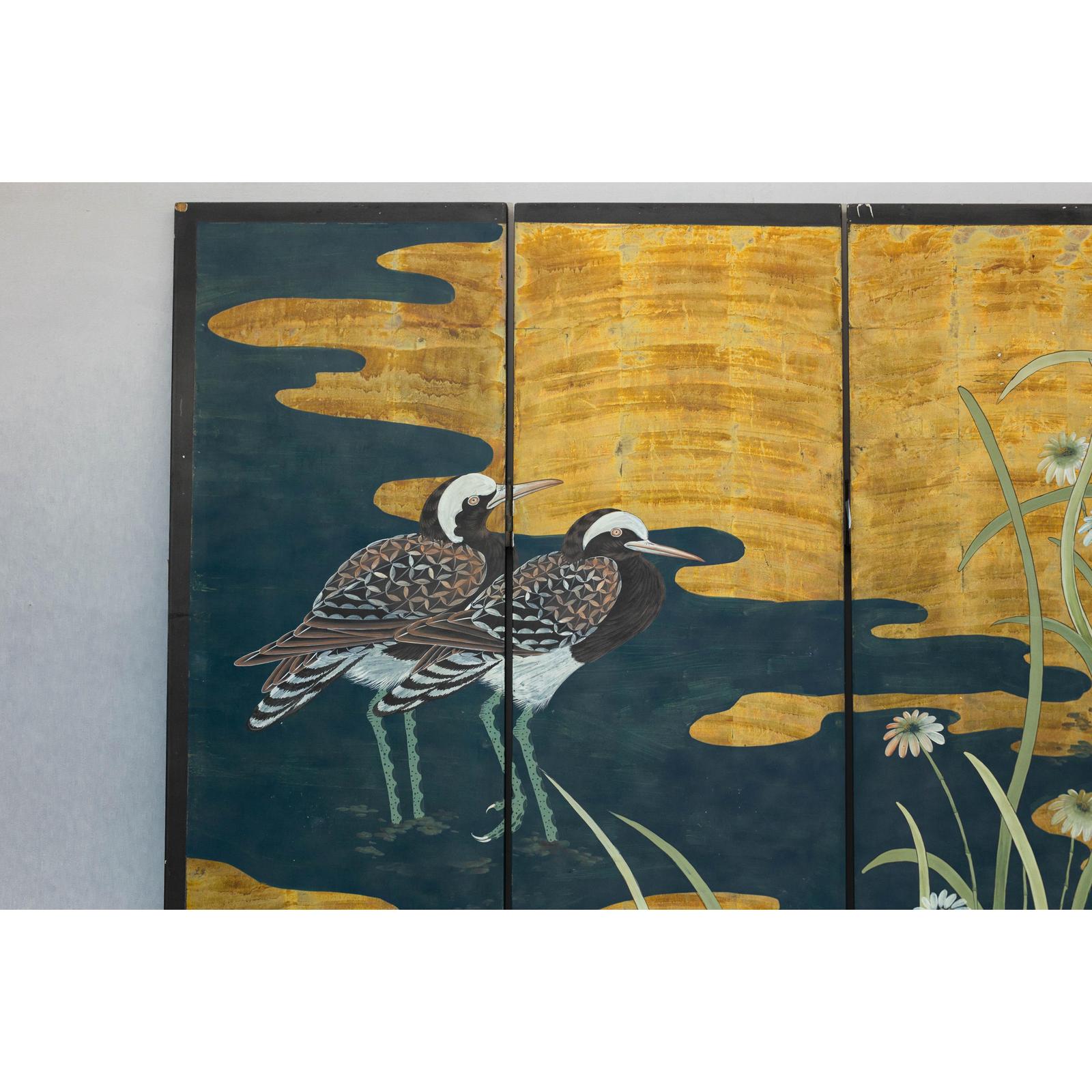 Vintage Chinoiserie Six-Panel Decorative Screen with Birds and Gilded Landscape