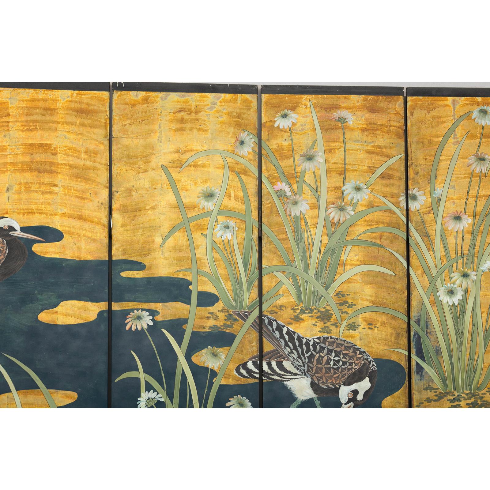 Vintage Chinoiserie Six-Panel Decorative Screen with Birds and Gilded Landscape