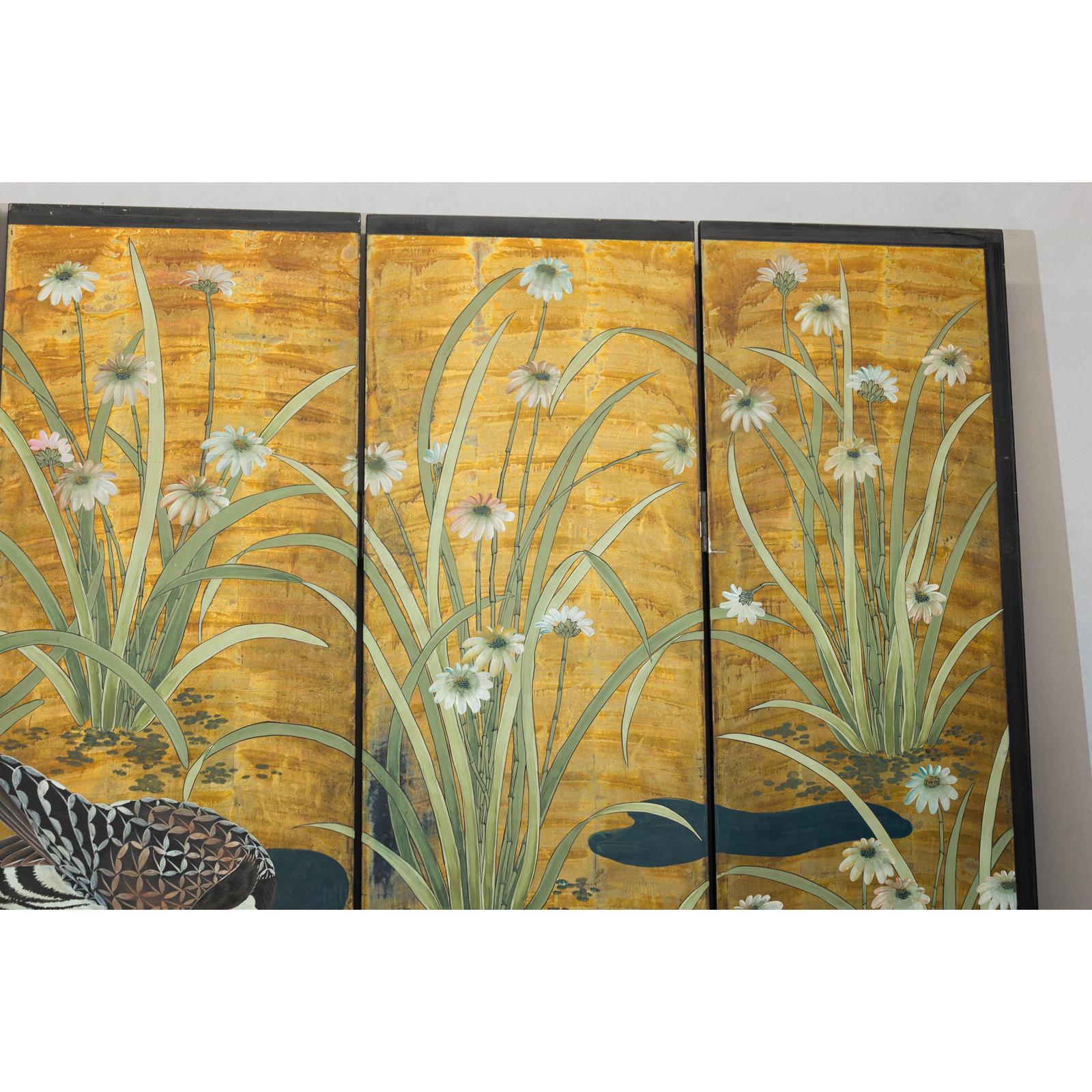 Vintage Chinoiserie Six-Panel Decorative Screen with Birds and Gilded Landscape