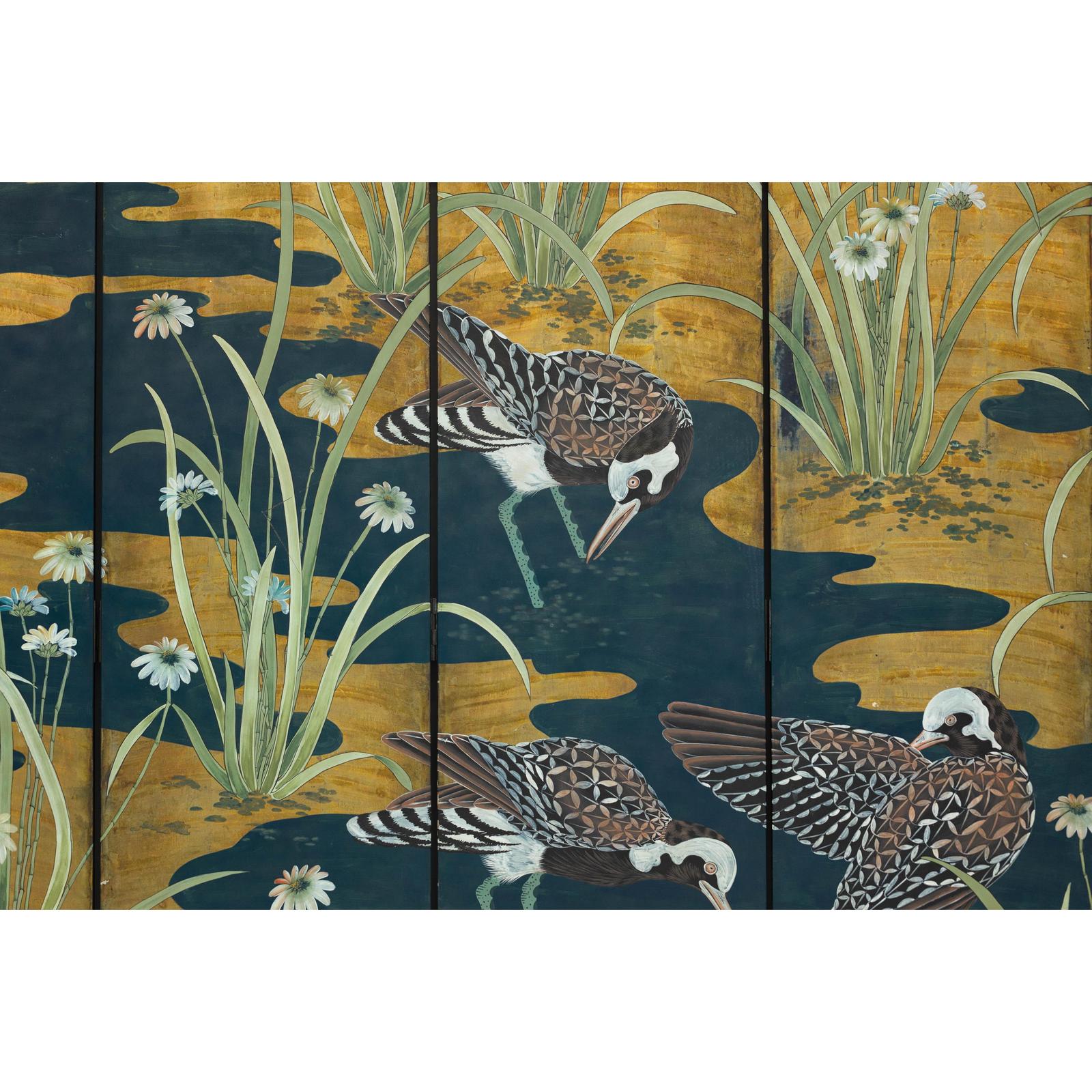 Vintage Chinoiserie Six-Panel Decorative Screen with Birds and Gilded Landscape