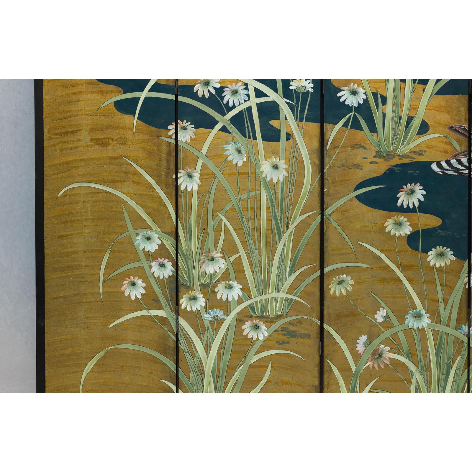 Vintage Chinoiserie Six-Panel Decorative Screen with Birds and Gilded Landscape