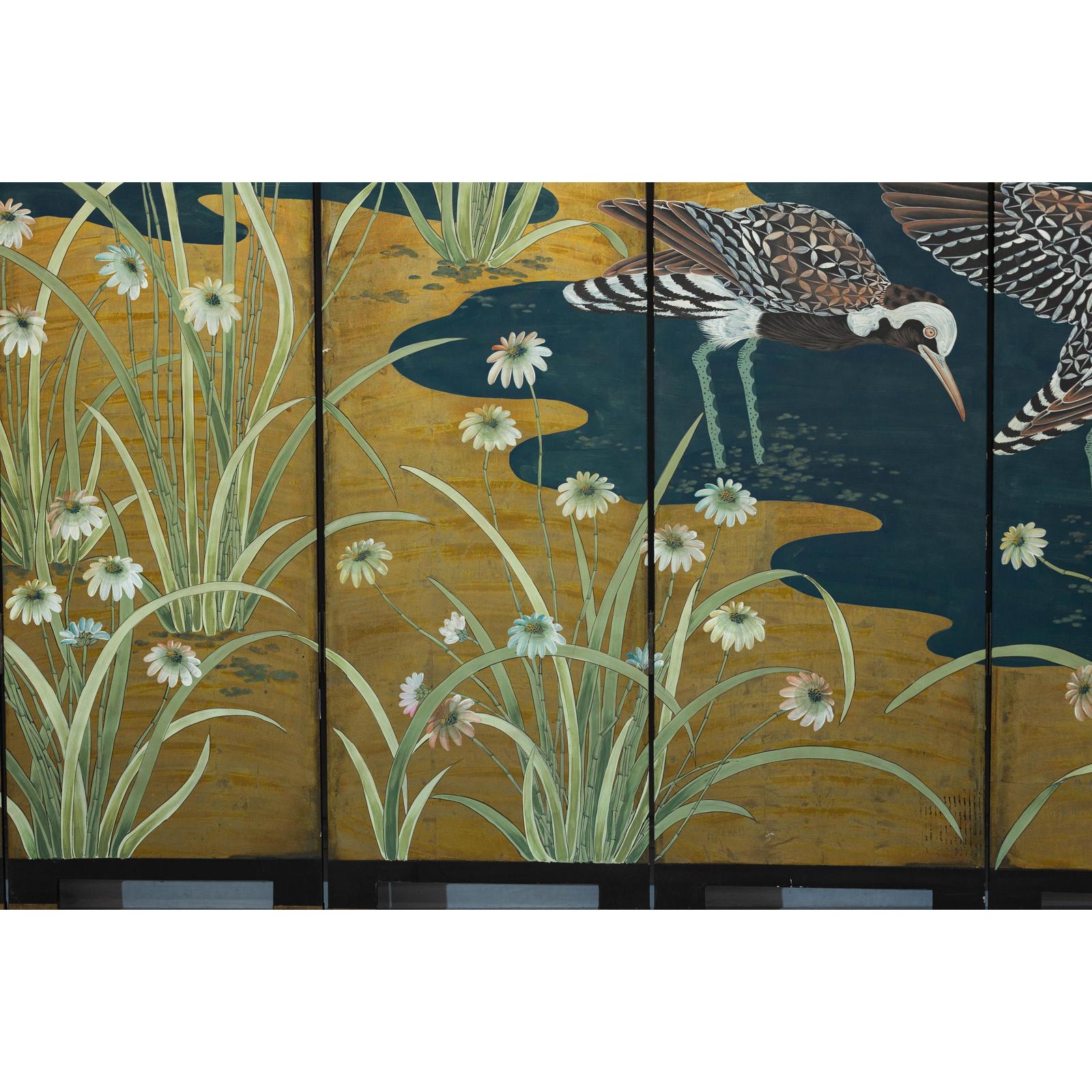 Vintage Chinoiserie Six-Panel Decorative Screen with Birds and Gilded Landscape