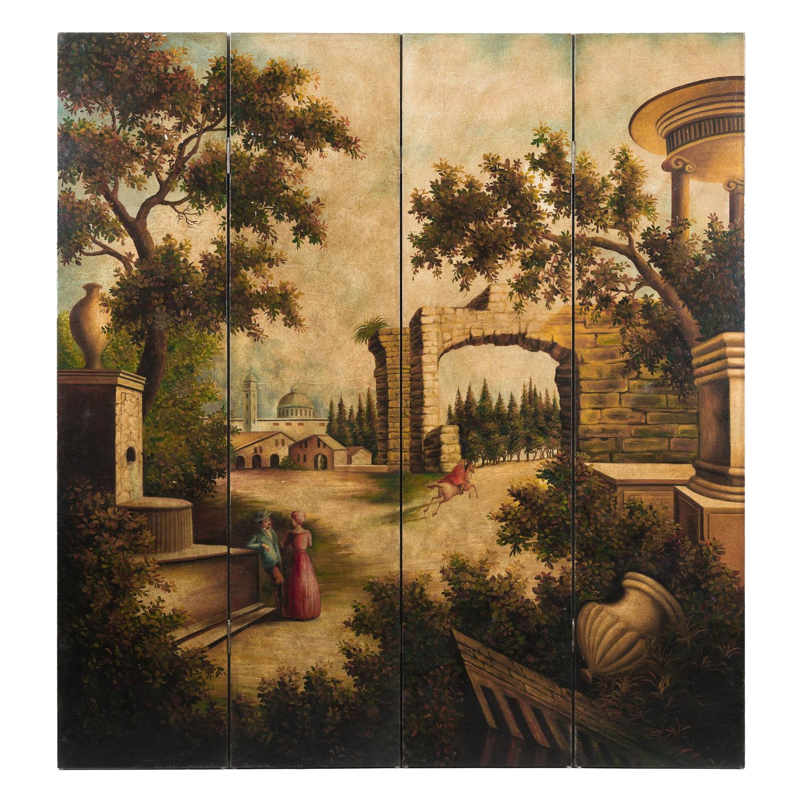 Hand-Painted Four-Panel Folding Screen with Architectural Landscape Scene