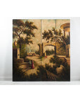 Hand-Painted Four-Panel Folding Screen with Architectural Landscape Scene