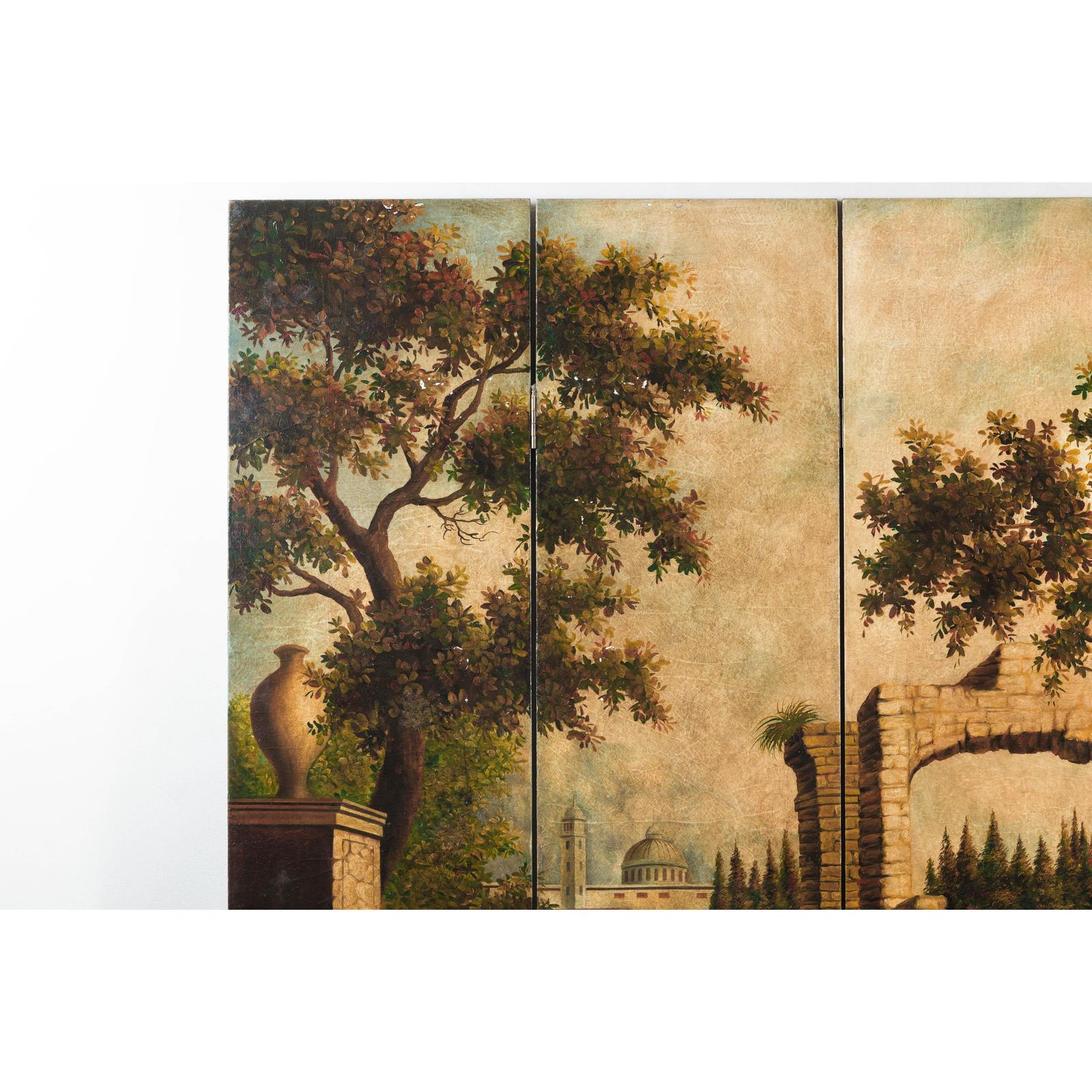 Hand-Painted Four-Panel Folding Screen with Architectural Landscape Scene