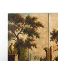 Hand-Painted Four-Panel Folding Screen with Architectural Landscape Scene