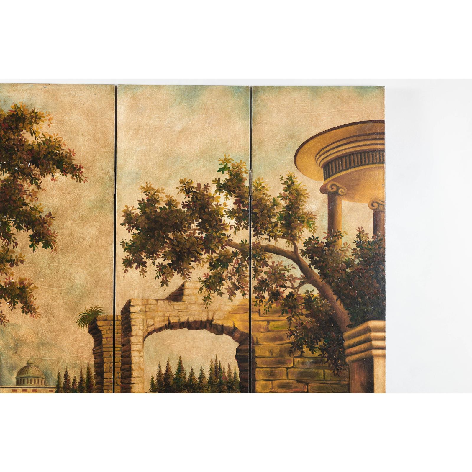 Hand-Painted Four-Panel Folding Screen with Architectural Landscape Scene