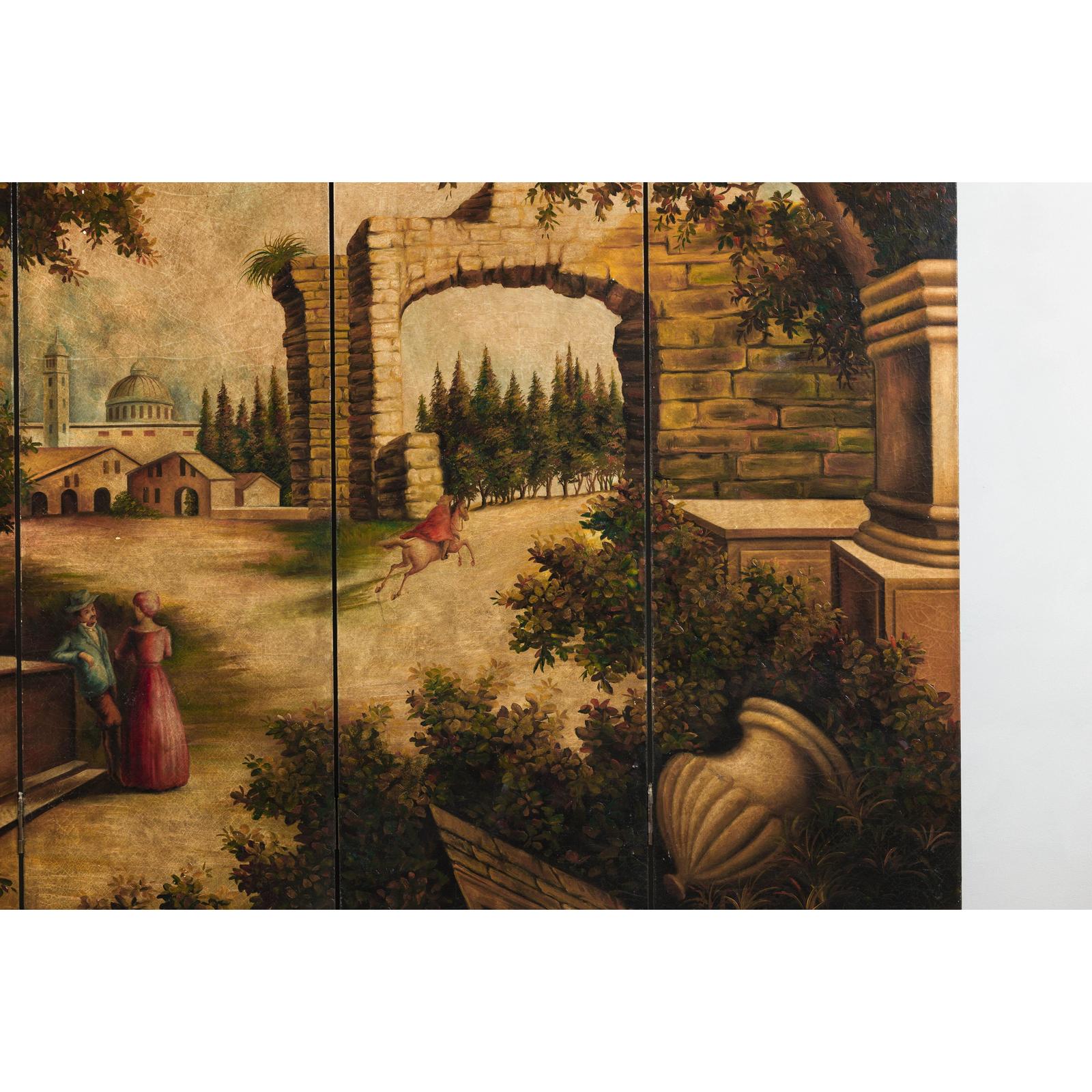 Hand-Painted Four-Panel Folding Screen with Architectural Landscape Scene
