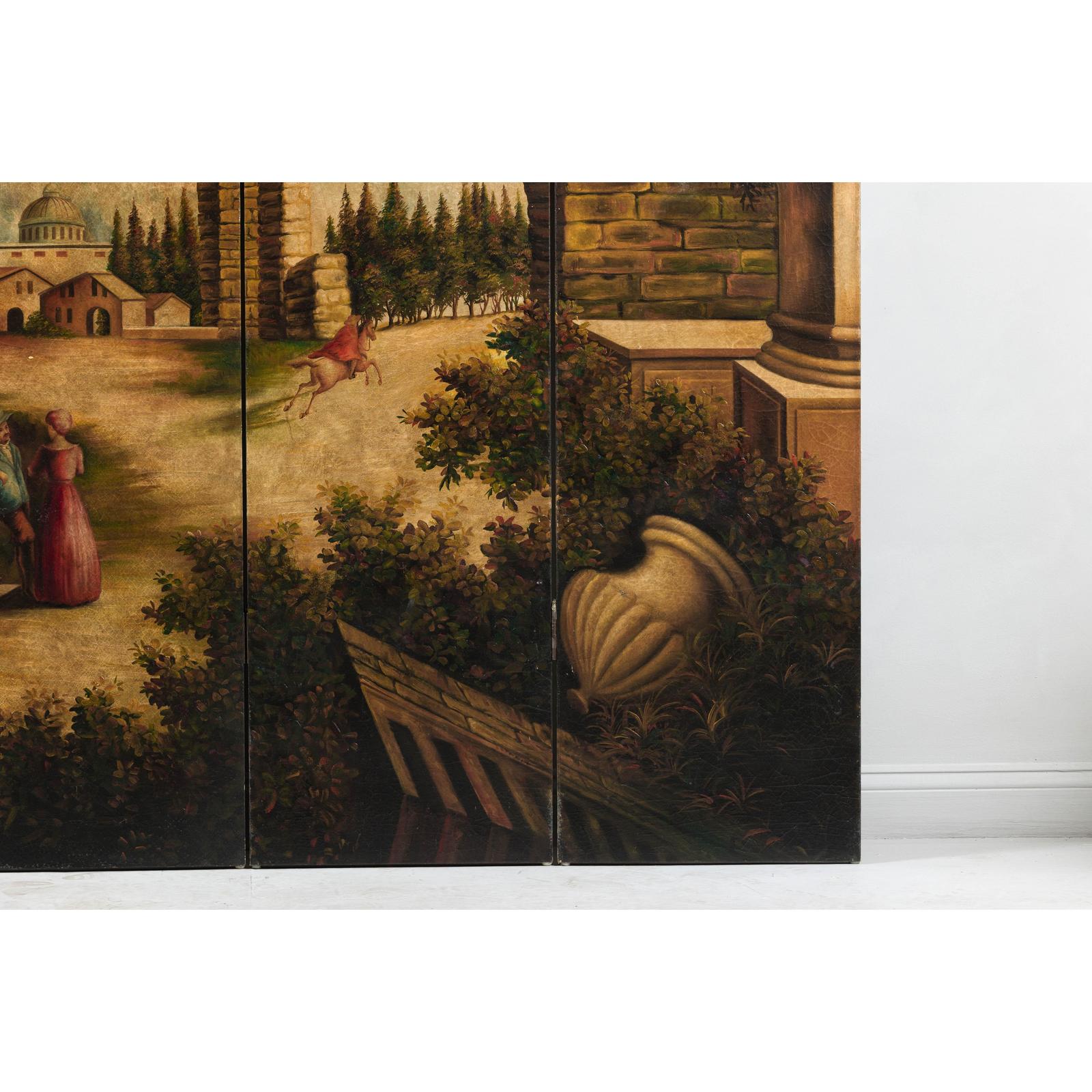 Hand-Painted Four-Panel Folding Screen with Architectural Landscape Scene