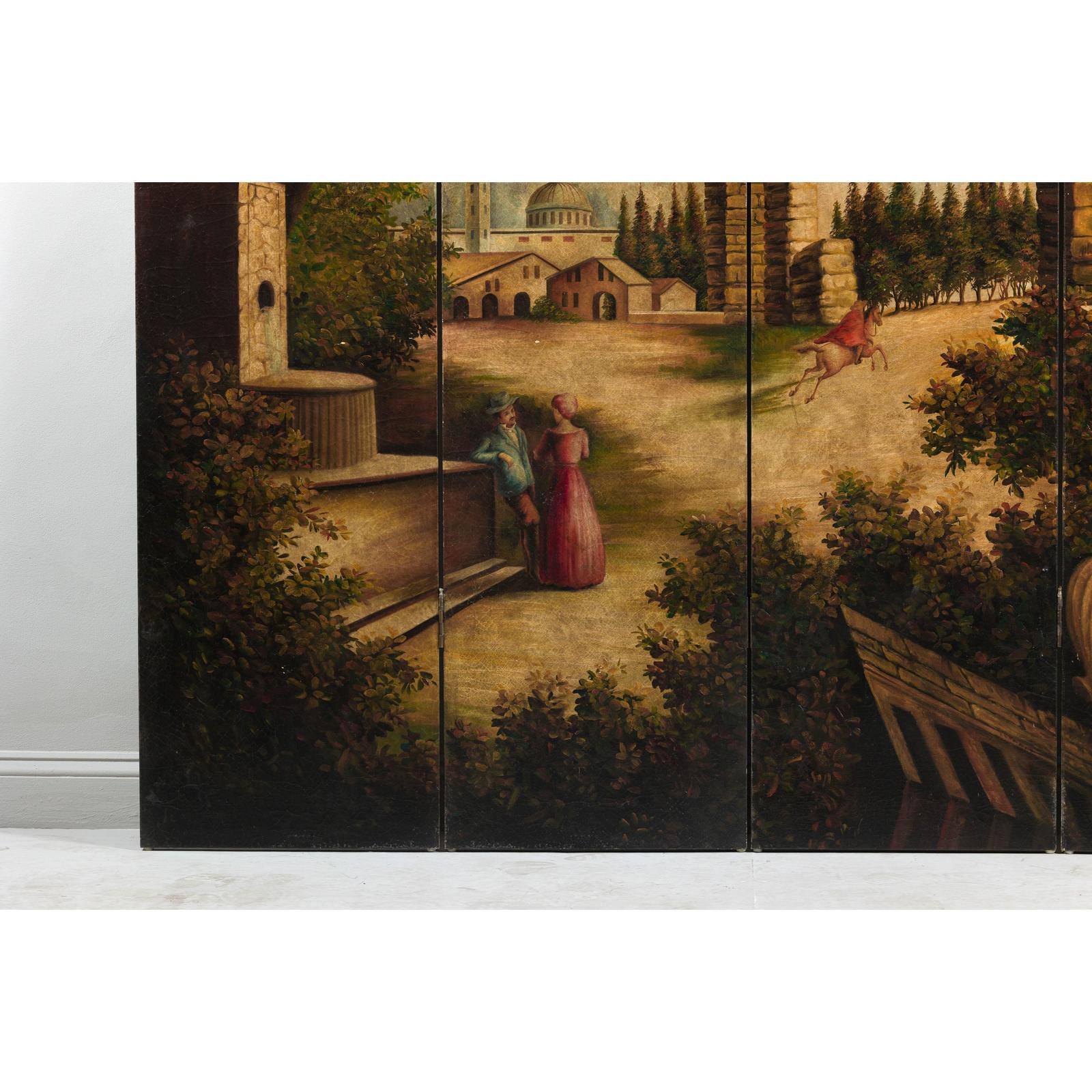 Hand-Painted Four-Panel Folding Screen with Architectural Landscape Scene