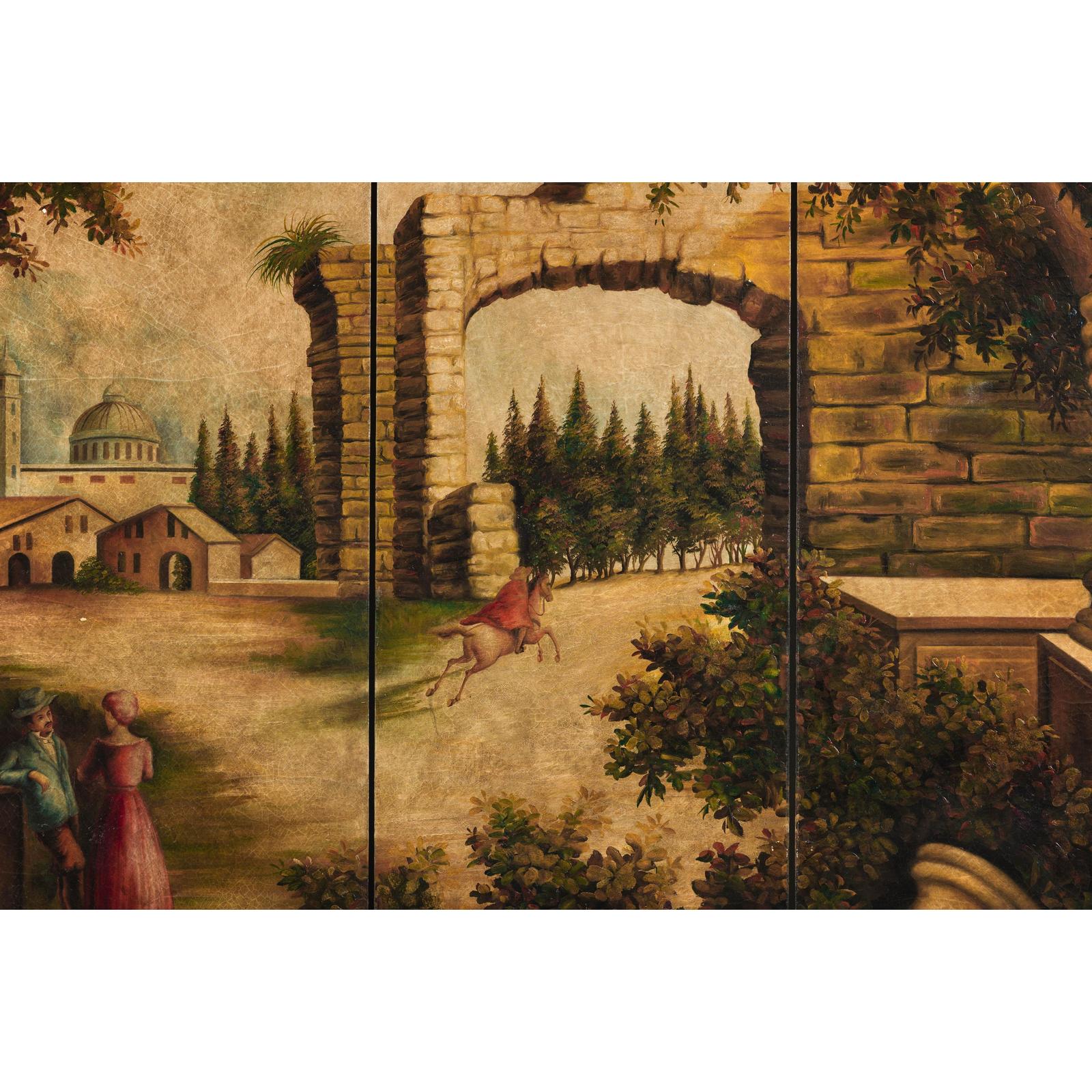 Hand-Painted Four-Panel Folding Screen with Architectural Landscape Scene