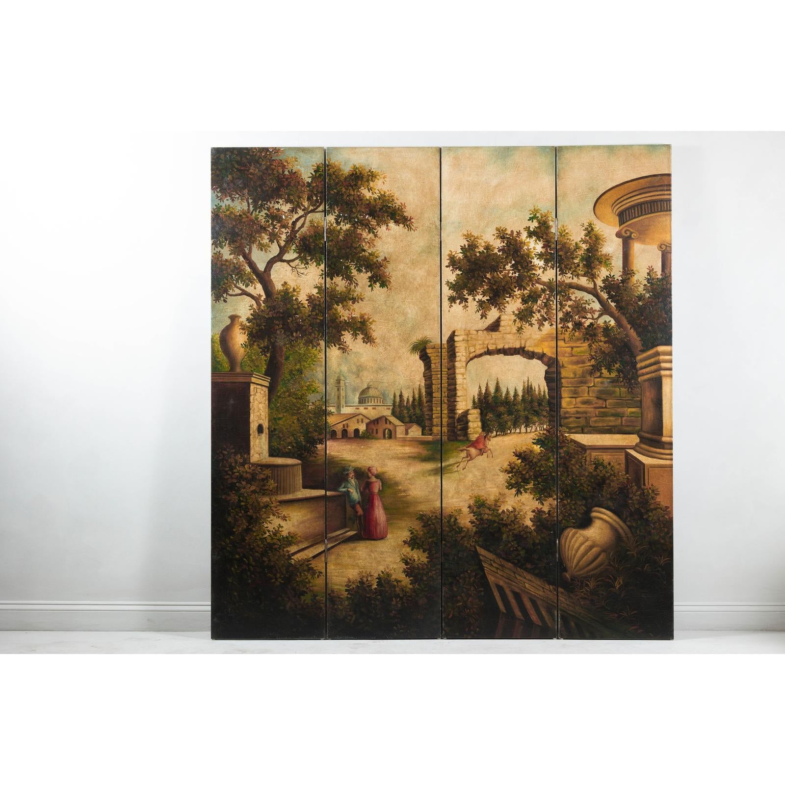 Hand-Painted Four-Panel Folding Screen with Architectural Landscape Scene