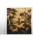 Hand-Painted Four-Panel Folding Screen with Architectural Landscape Scene